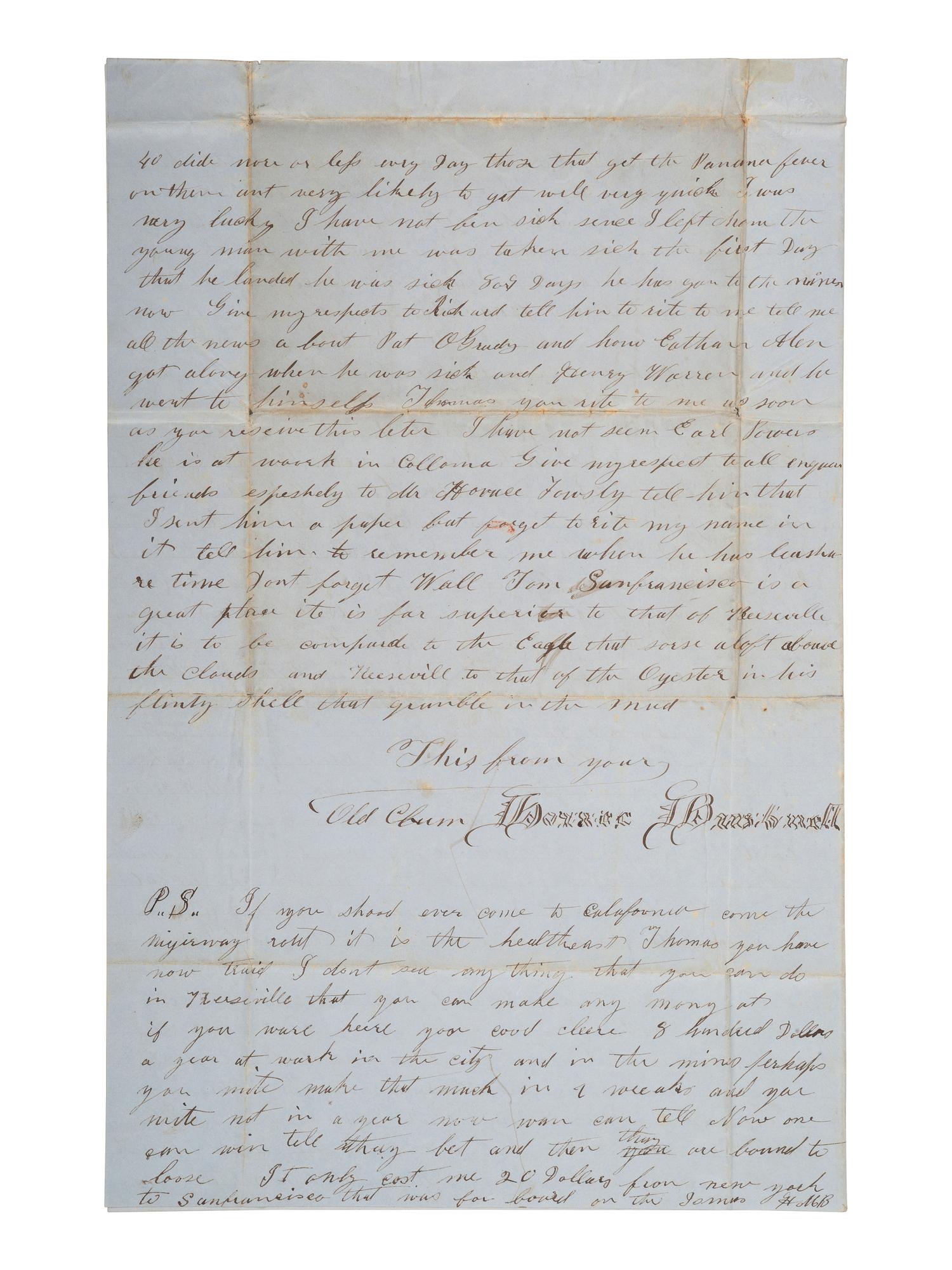 [GOLD RUSH]. ALS describing a voyage to California and a miner's experiences there. September 1852.