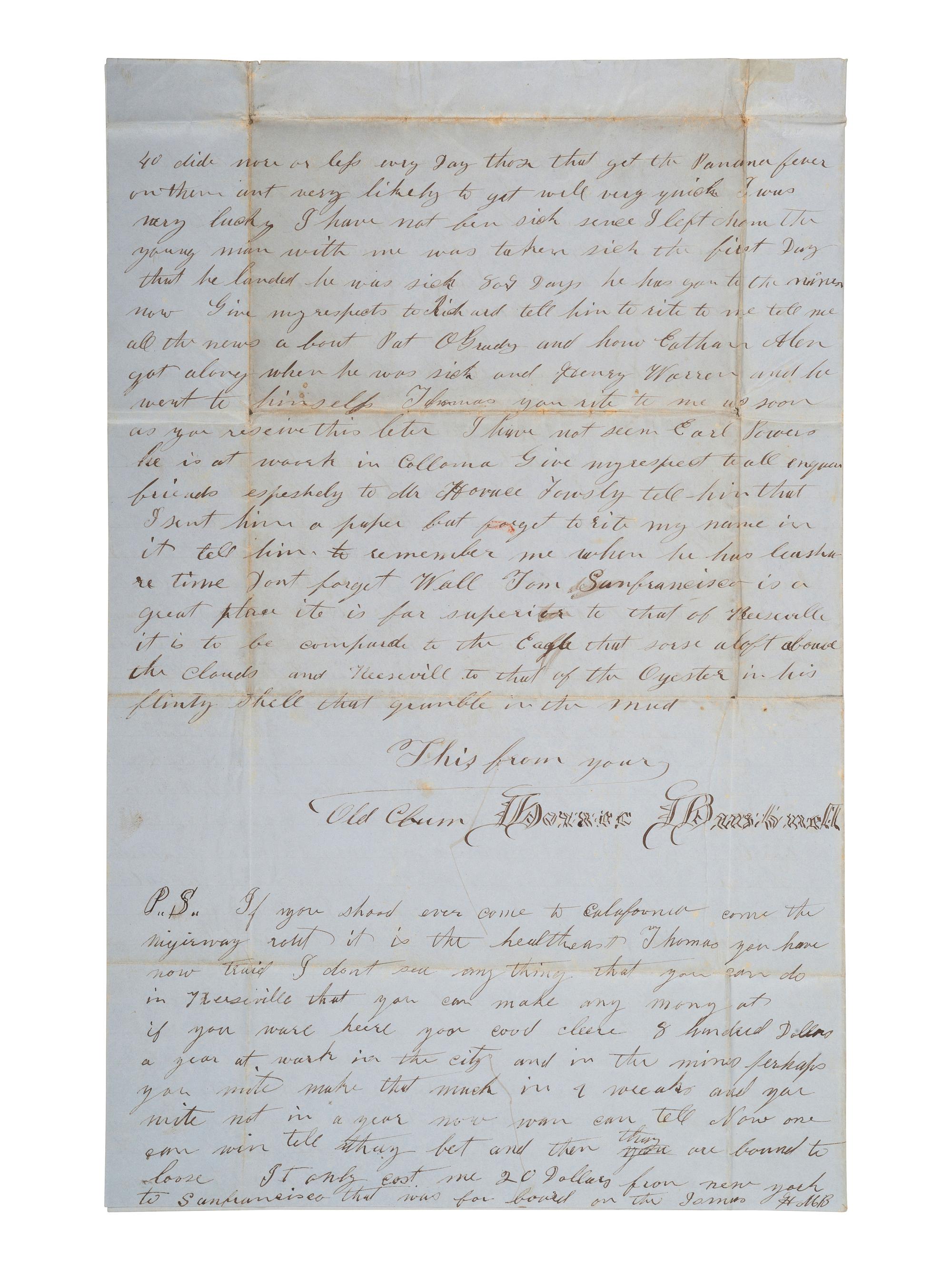 [GOLD RUSH]. ALS describing a voyage to California and a miner's experiences there. September 1852.
