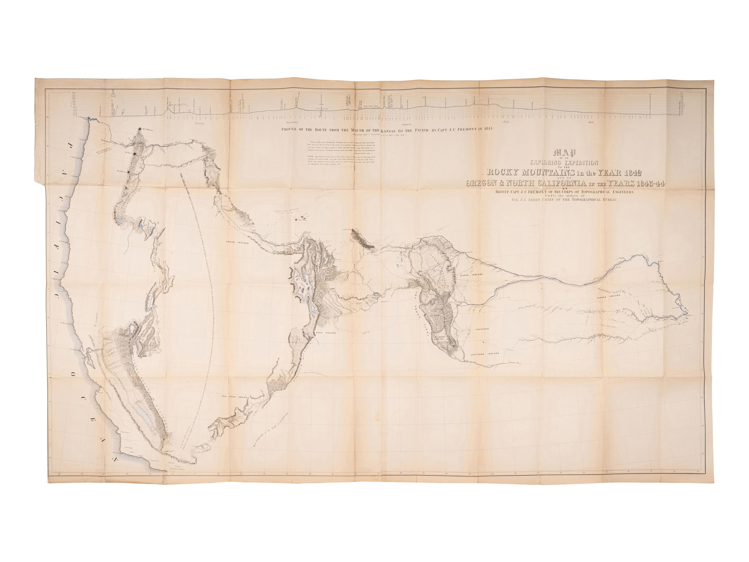 FREMONT, John Charles (1813-1890). Report of The Exploring Expedition to The Rocky Mountains in the year 1842, and to Oregon and North California in the years 1843-'44 . Washington, D. C.: Printed by Order of the House of Representatives, by Blair and Rives, 1845.