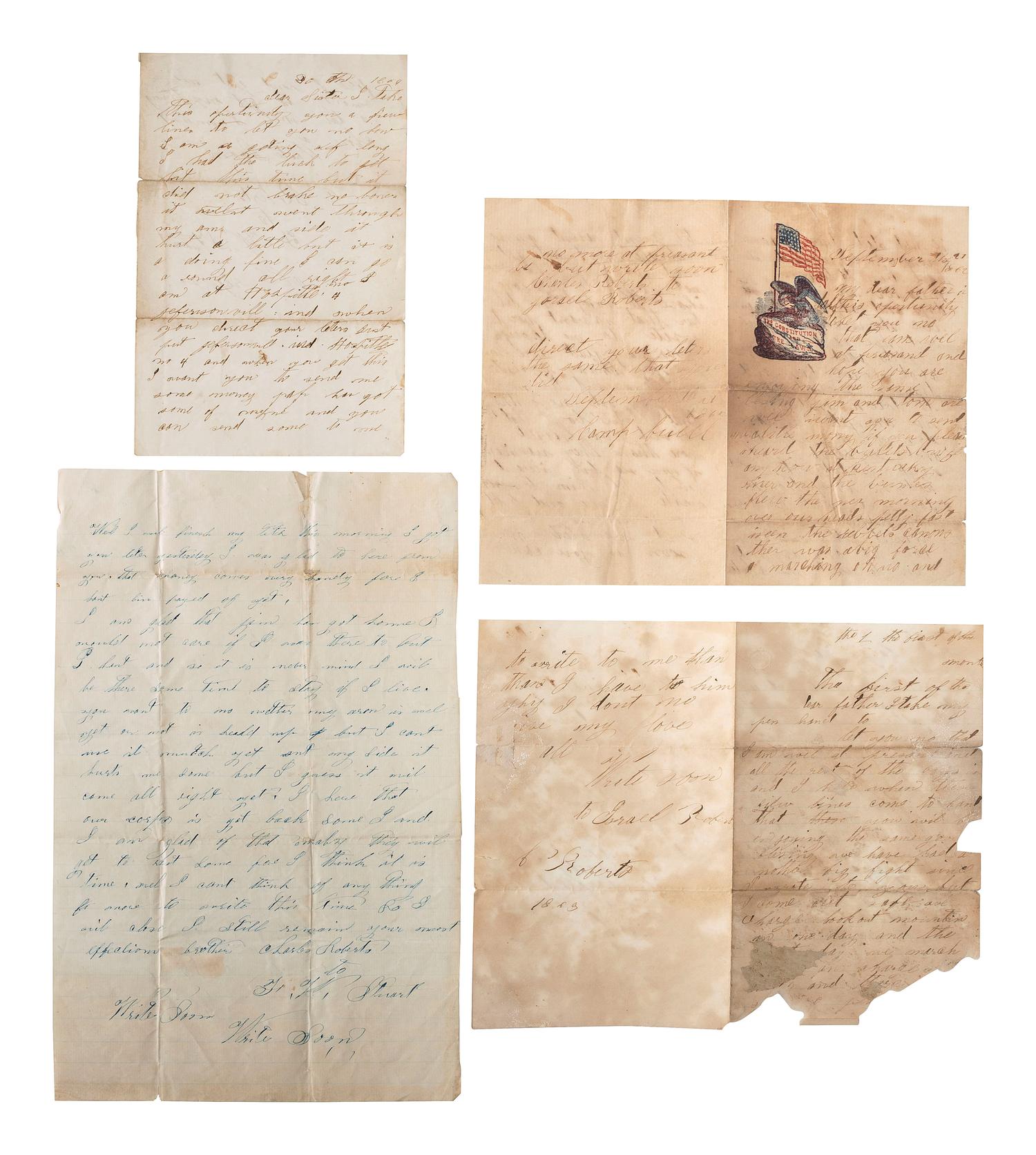 [CIVIL WAR]. A group of 4 letters written by Private Charles Roberts, Co. C, 94th Ohio Volunteer Infantry. WIA Resaca, GA.