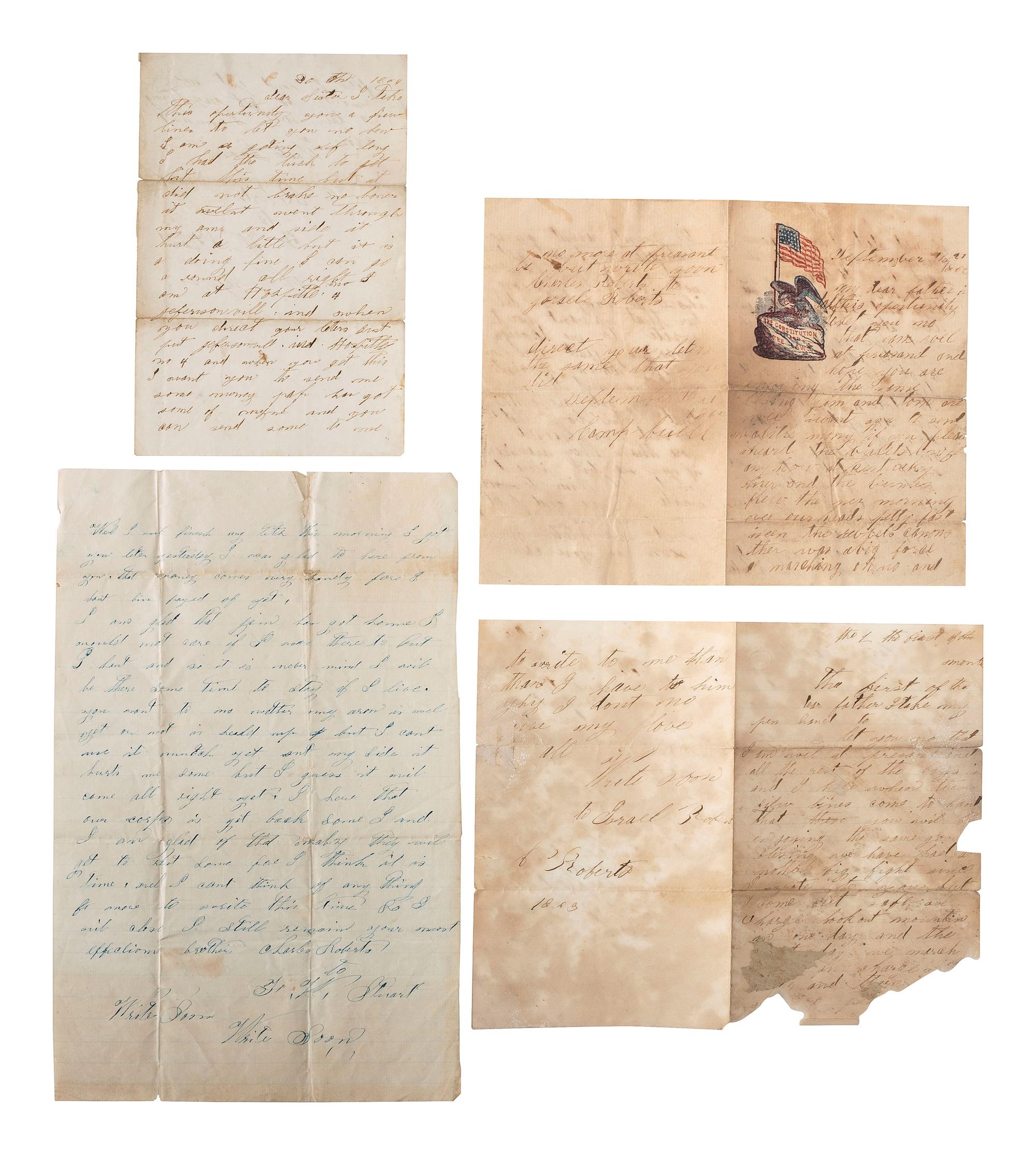 [CIVIL WAR]. A group of 4 letters written by Private Charles Roberts, Co. C, 94th Ohio Volunteer Infantry. WIA Resaca, GA.