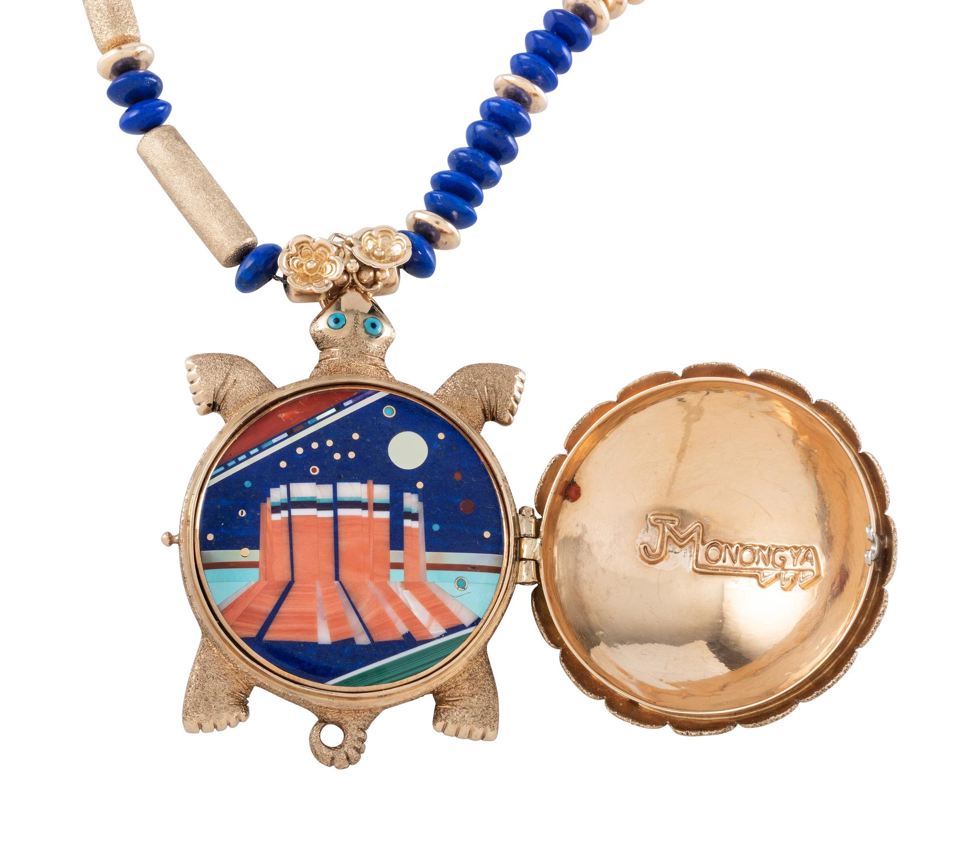 14K Gold Turtle Locket Necklace with Inlay