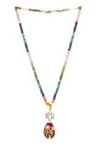 A Yellow Gold and Polychrome Enamel Egg Pendant with Multicolored Tourmaline Bead Necklace, Mozafarian, 17.70 dwts.