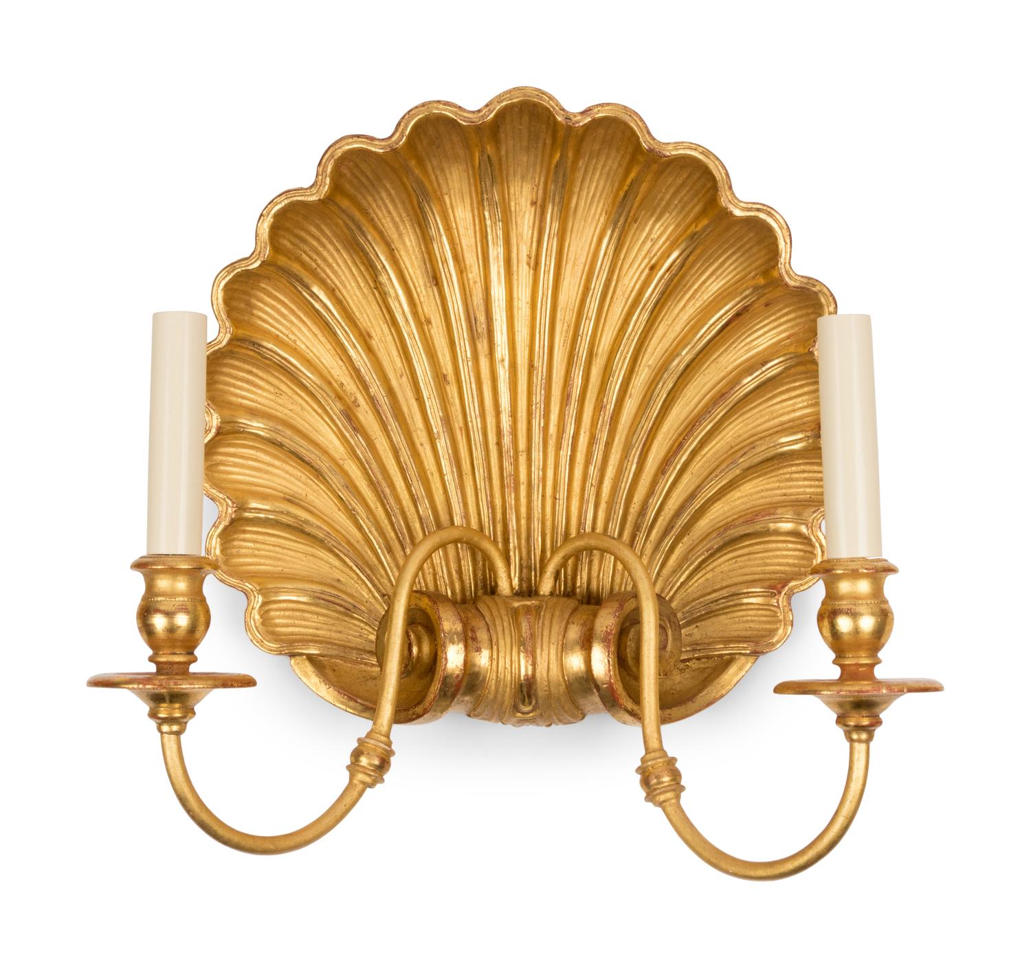 A Set of Six Giltwood Shell-Form Two-Light Sconces