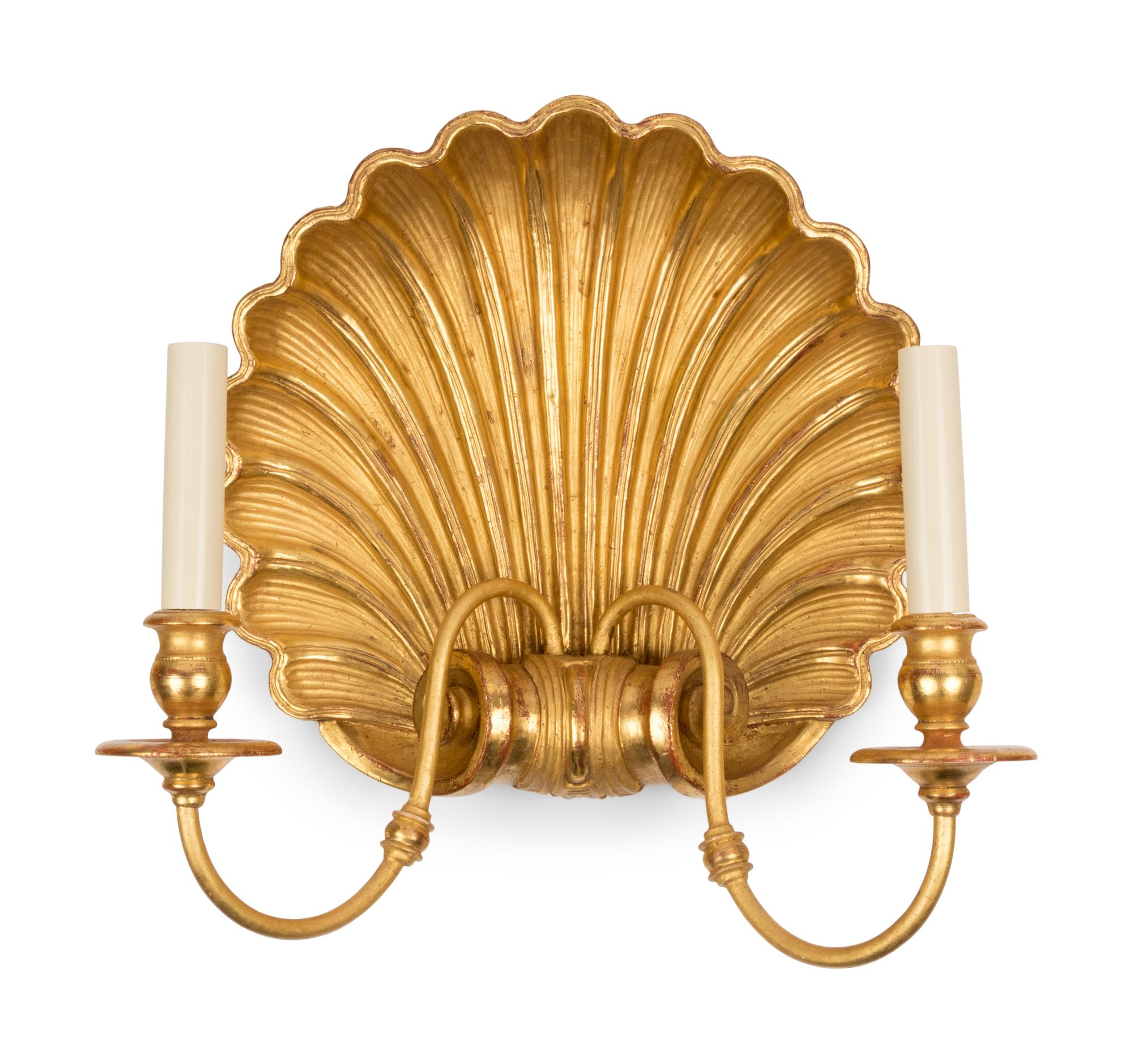 A Set of Six Giltwood Shell-Form Two-Light Sconces