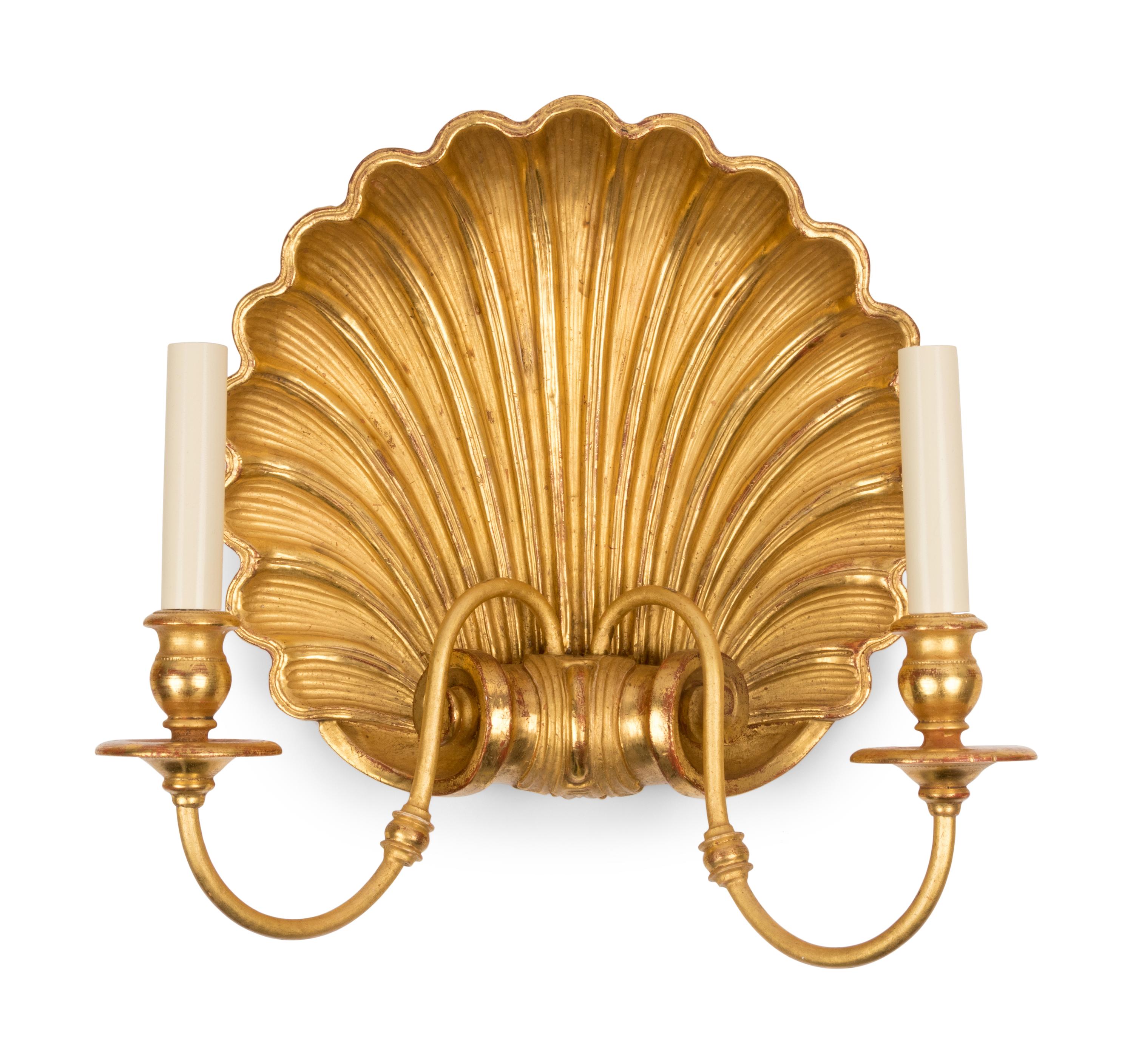 A Set of Six Giltwood Shell-Form Two-Light Sconces