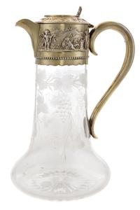 A Victorian Gilt-Silver and Cut Glass Wine Ewer, John Crane Salt, London, 1878, the gilt lid decorated with putti in an Arcadian settin