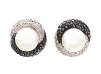 CULTURED SOUTH SEA PEARL, DIAMOND AND BLACK DIAMOND EARCLIPS
