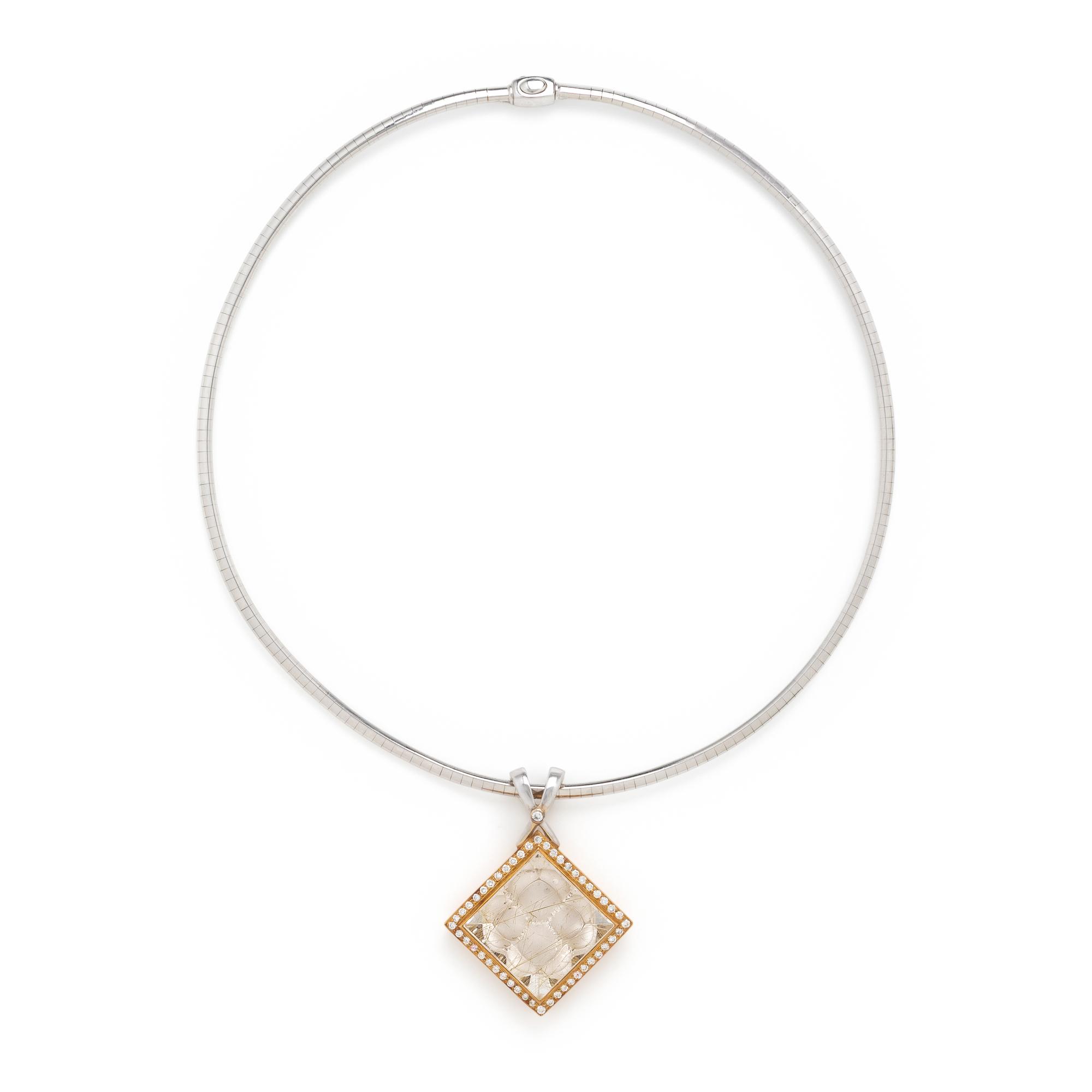 Rutilated Quartz, Diamond, and Bicolor Gold Pendant Necklace