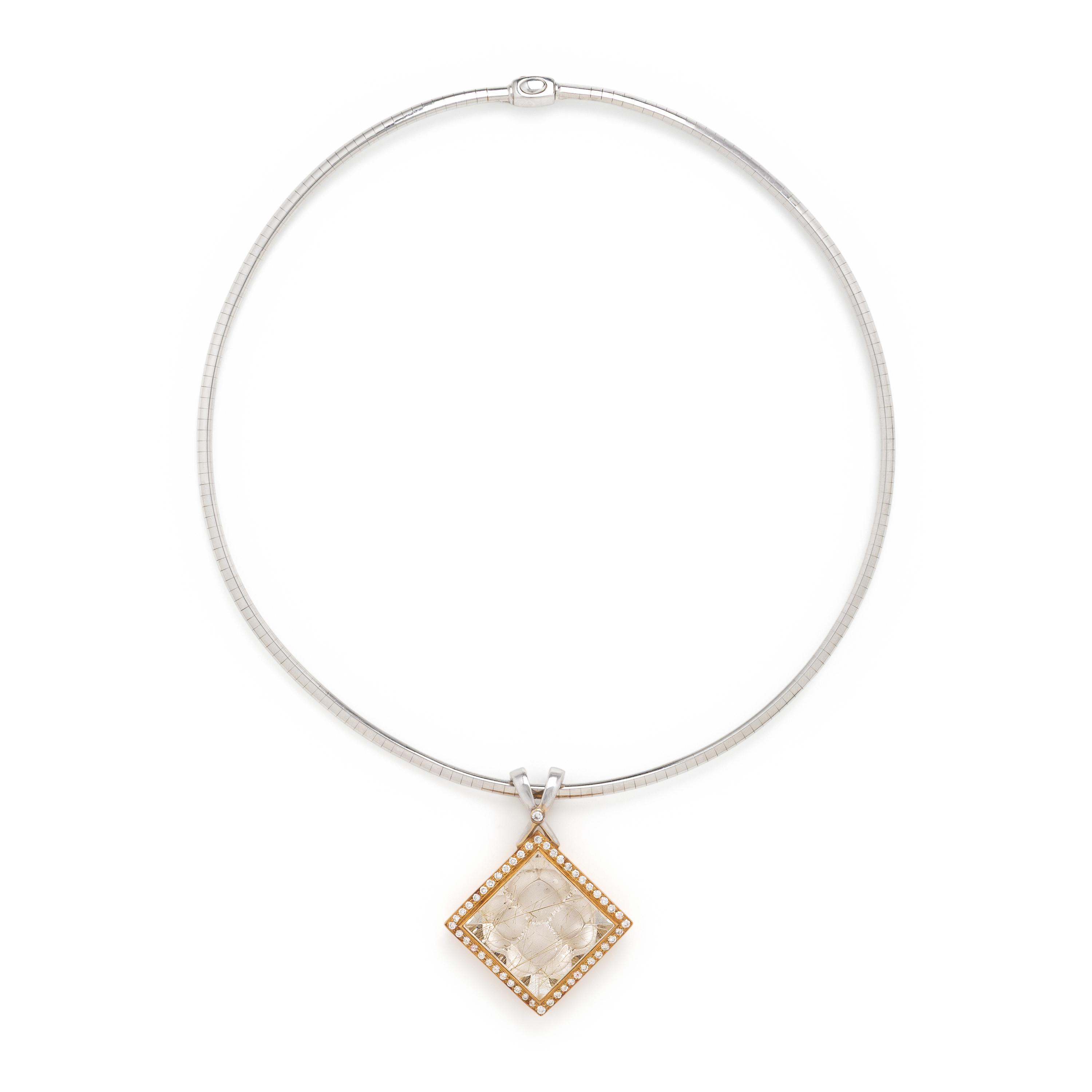 Rutilated Quartz, Diamond, and Bicolor Gold Pendant Necklace