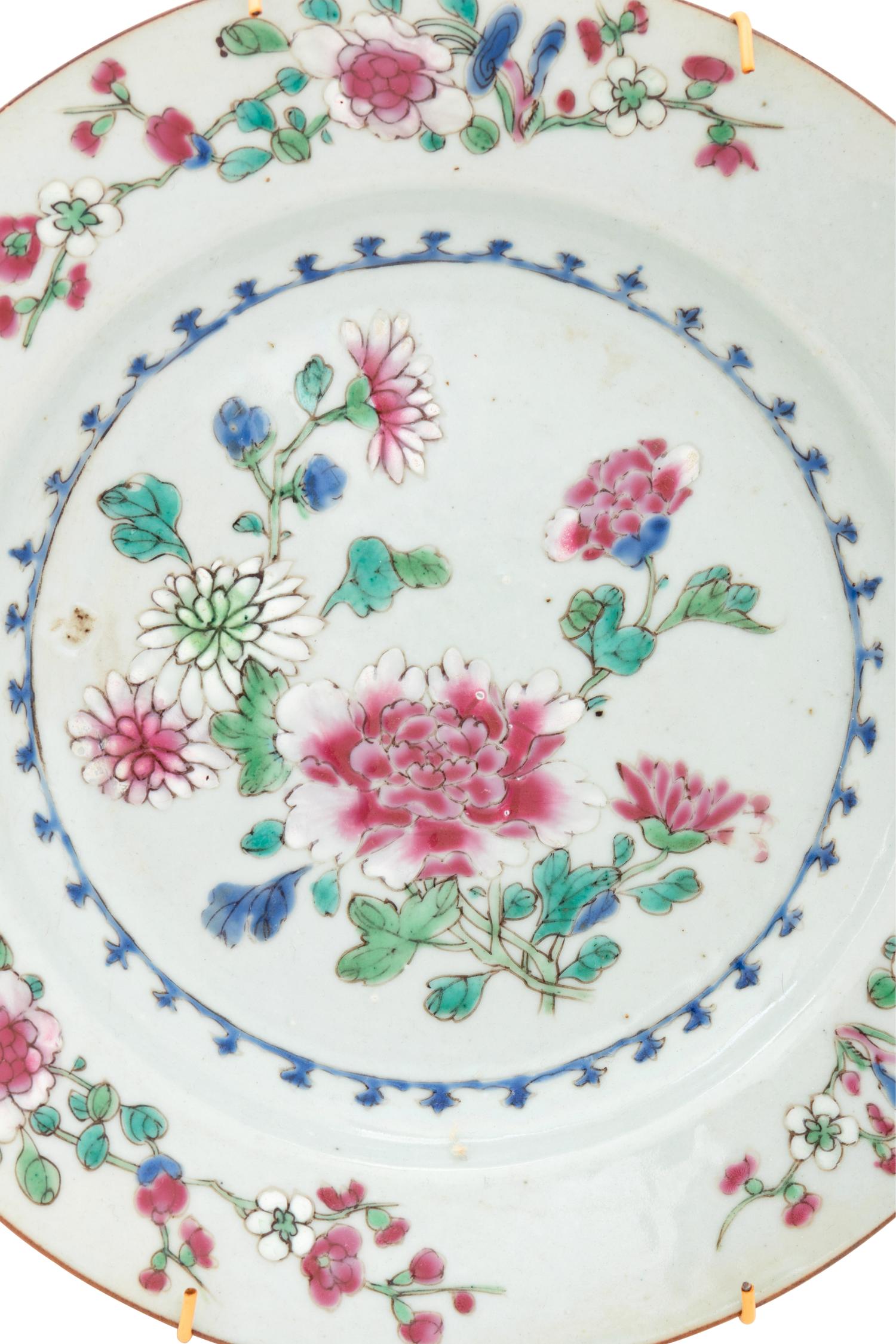 Three Chinese Export Famille Rose Porcelain Plates