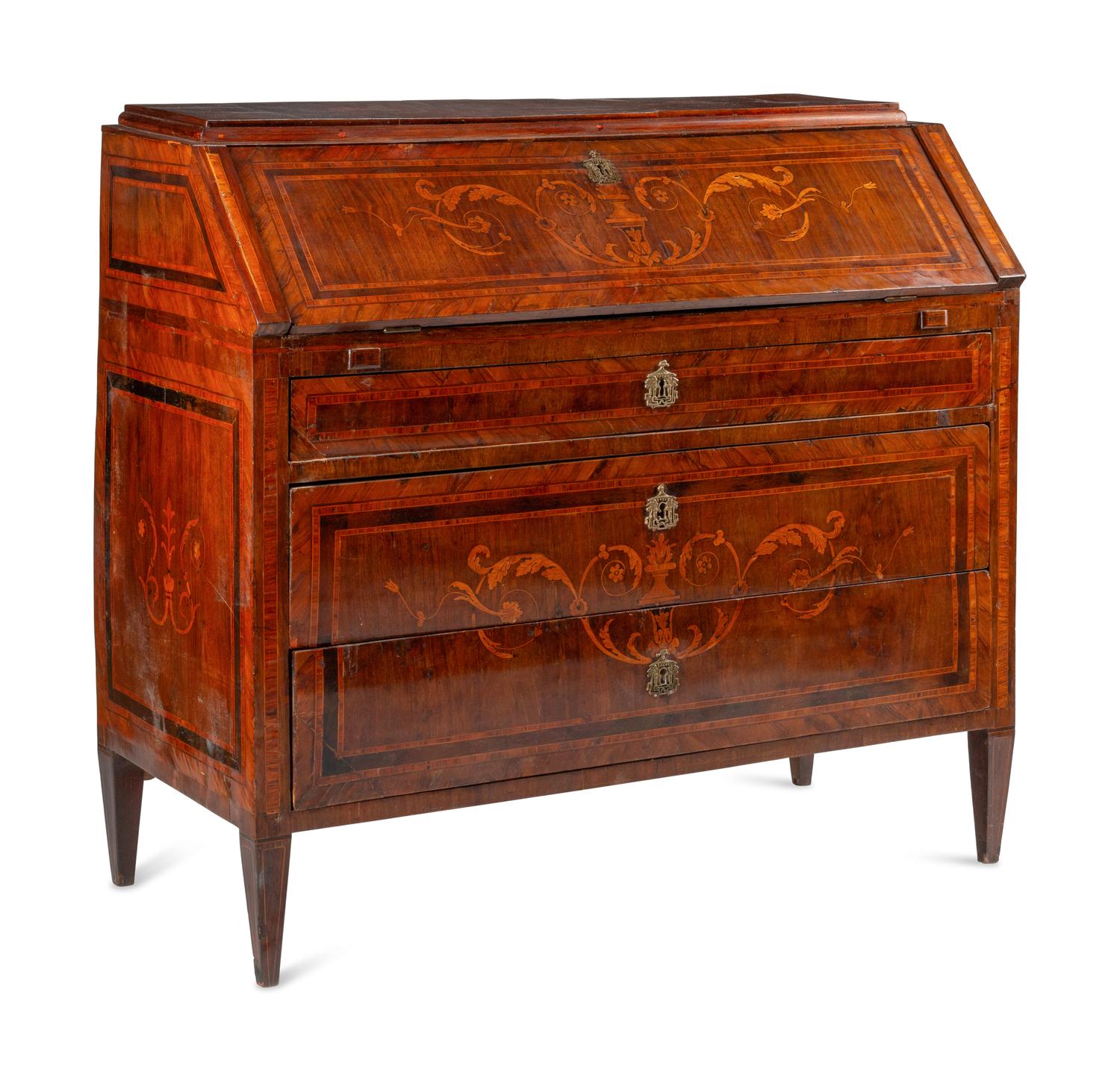 An Italian Walnut and Marquetry Slant-Front Bureau