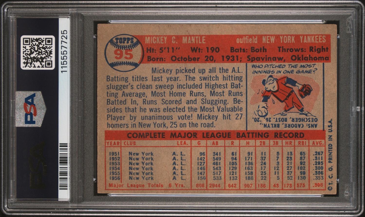A 1957 Topps Mickey Mantle Baseball Card No. 95 (PSA 3 VG) from The Collection of David Eisenhower