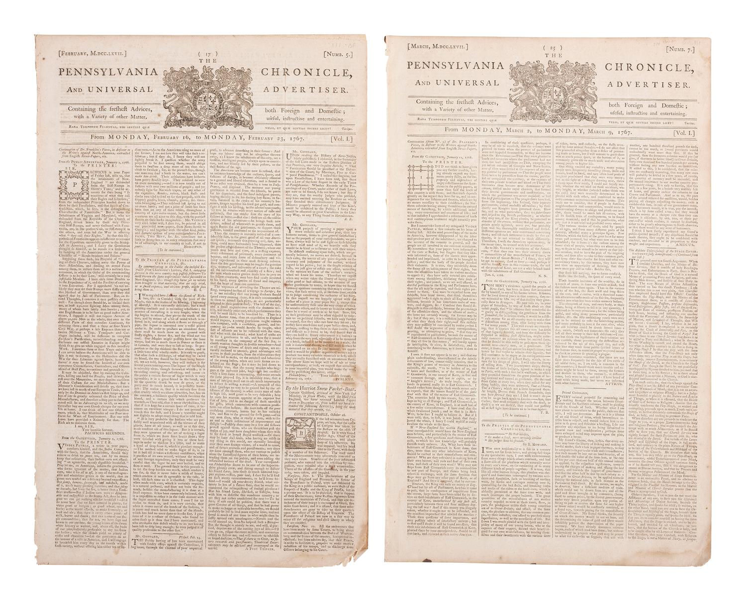 [REV. WAR] Pennsylvania Chronicle & Universal Advertiser . 2 issues feat. essays by Benj. Franklin.