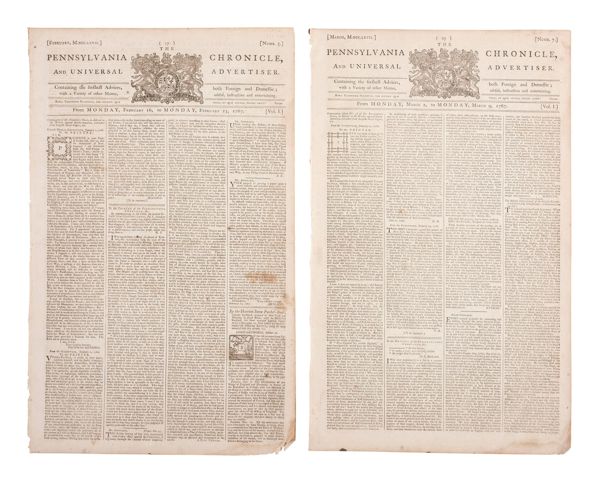 [REV. WAR] Pennsylvania Chronicle & Universal Advertiser . 2 issues feat. essays by Benj. Franklin.