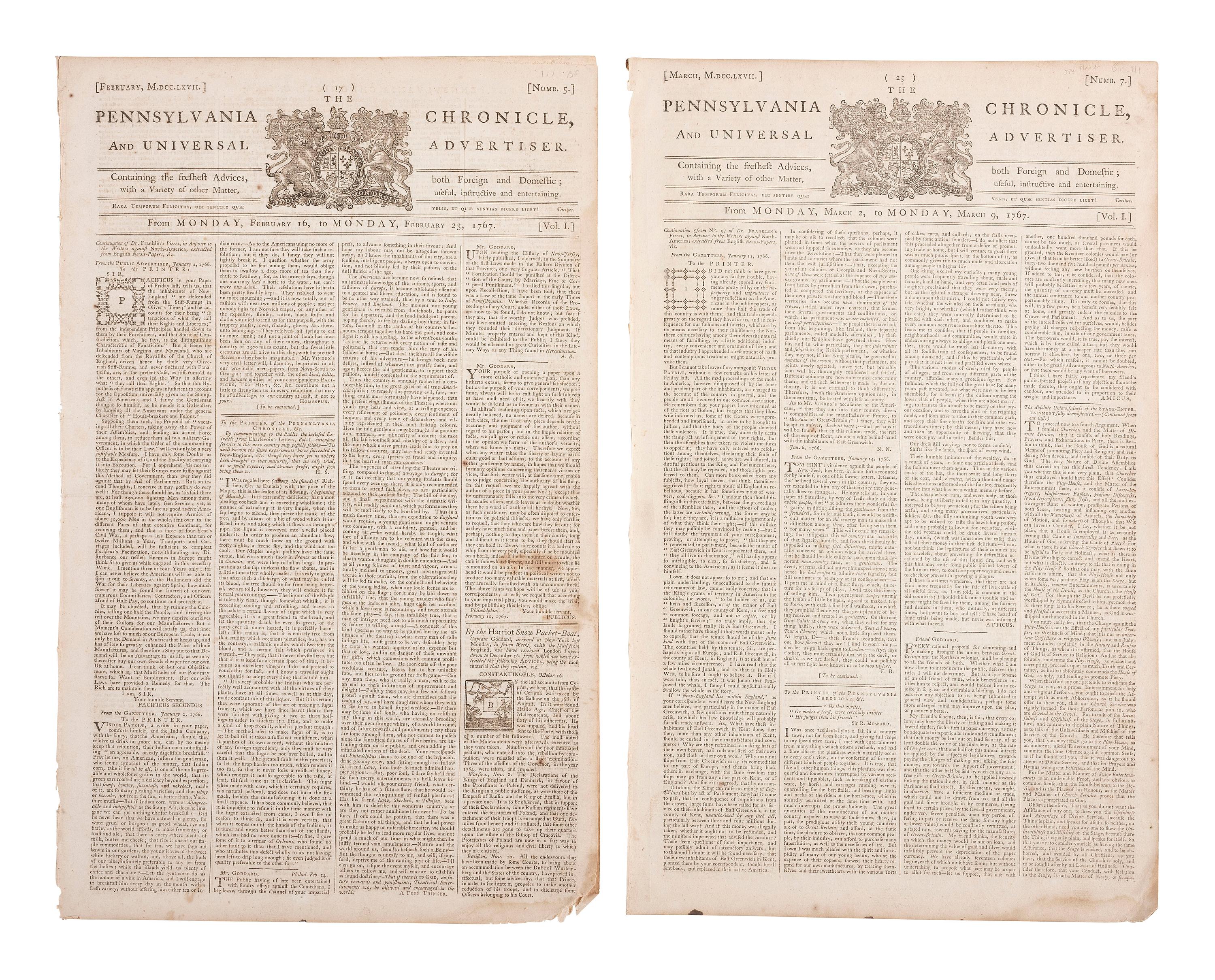 [REV. WAR] Pennsylvania Chronicle & Universal Advertiser . 2 issues feat. essays by Benj. Franklin.