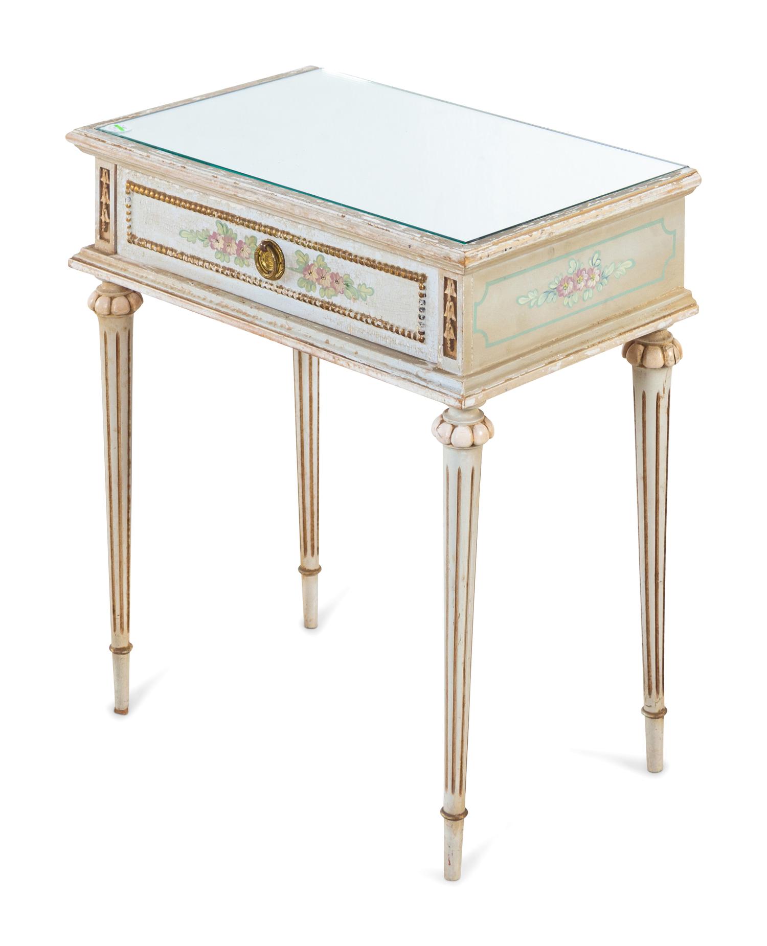 A Louis XVI Style Painted Side Table with a Mirrored Top