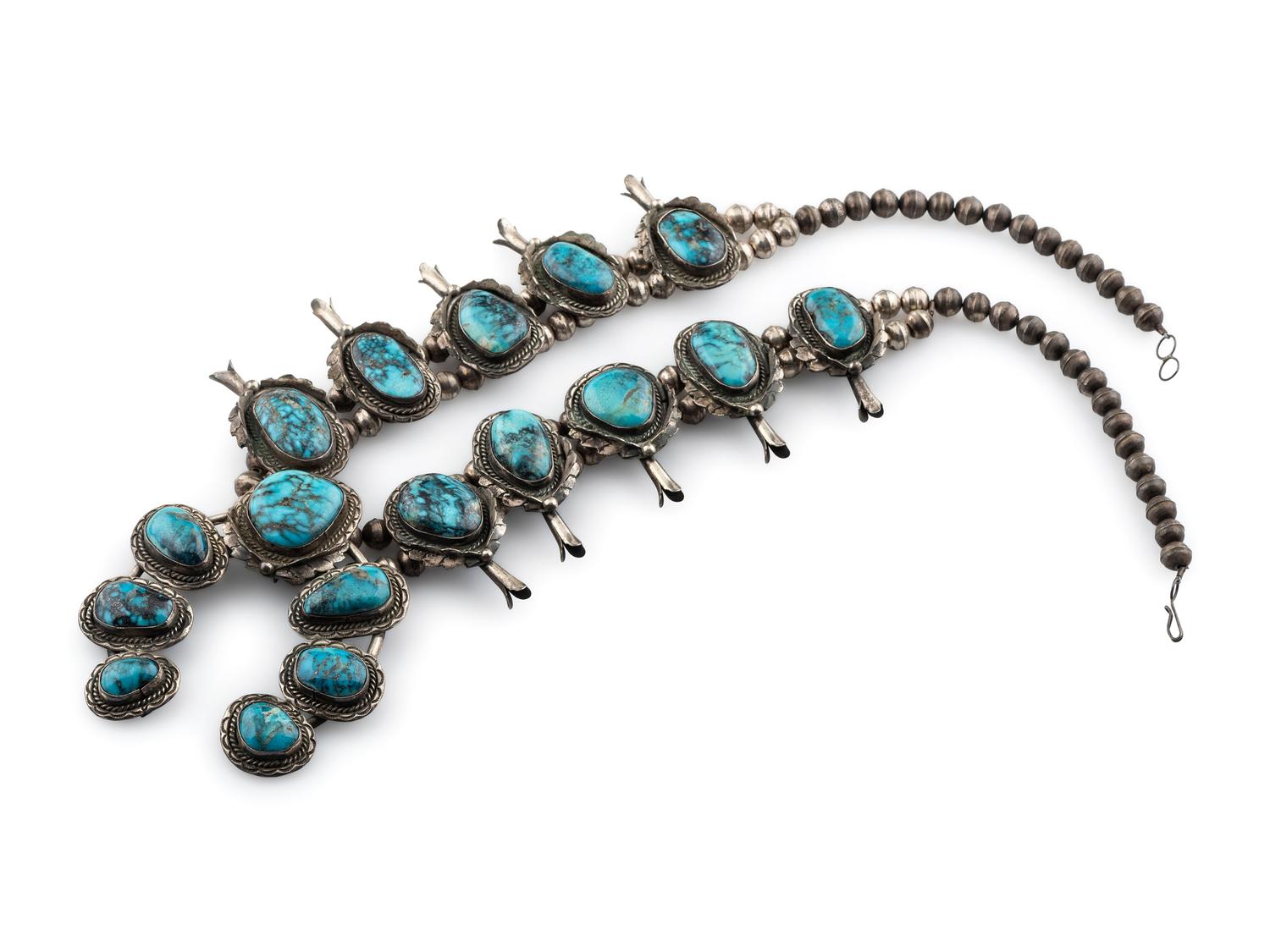 Navajo Silver and Turquoise Squash Blossom Necklace