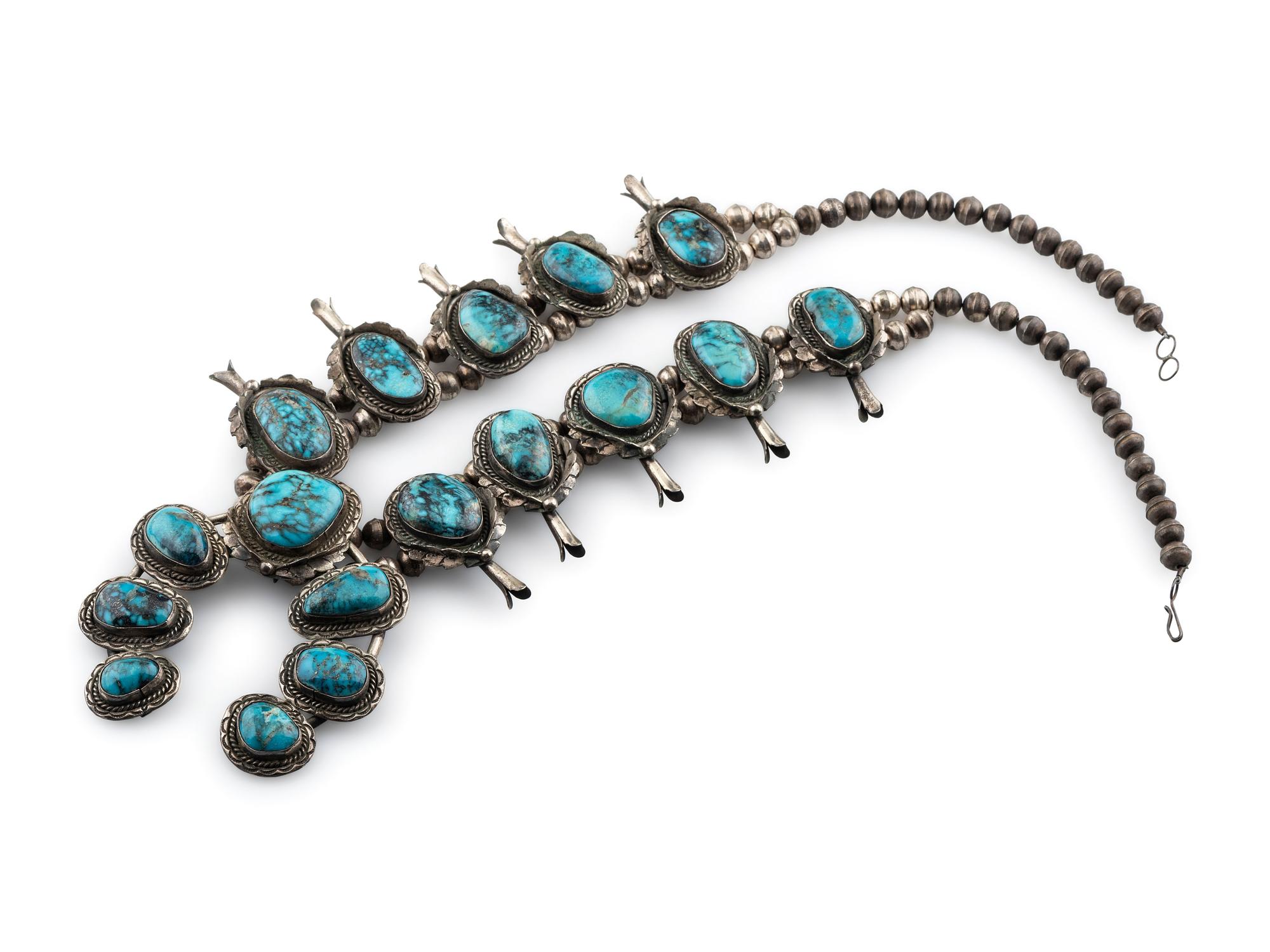 Navajo Silver and Turquoise Squash Blossom Necklace