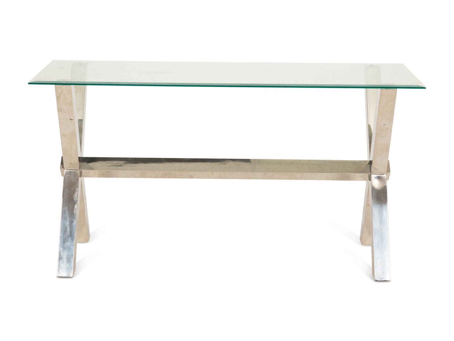 A Contemporary Glass-Top Desk with an X-Form Chrome Base and a Side Table