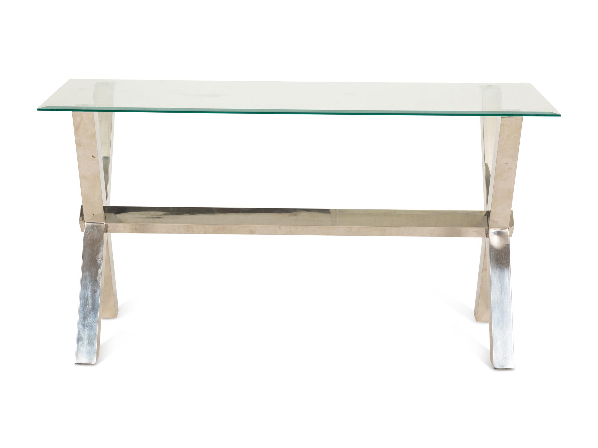 A Contemporary Glass-Top Desk with an X-Form Chrome Base and a Side Table