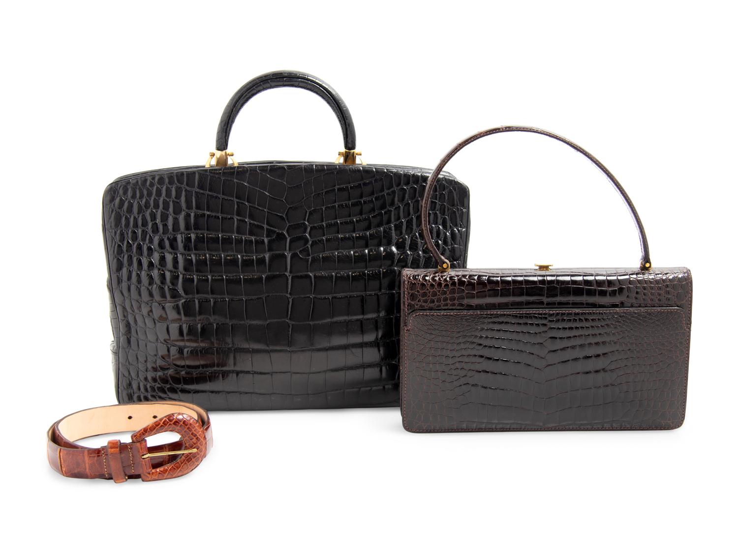 Three Vintage Alligator and Crocodile Accessories; Two Saks, One Rosenfeld, 1970-90s