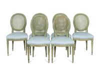 A Set of Six Louis XVI Style Green-Painted Medallion-Back Dining Chairs