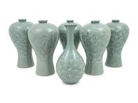 Six Korean Celadon Ground 'Crane and Cloud' Vases