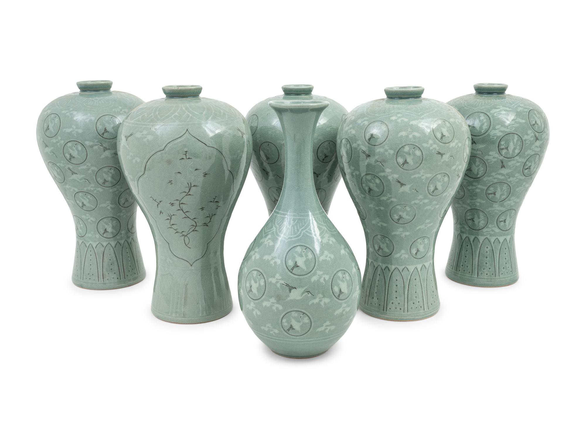 Six Korean Celadon Ground 'Crane and Cloud' Vases