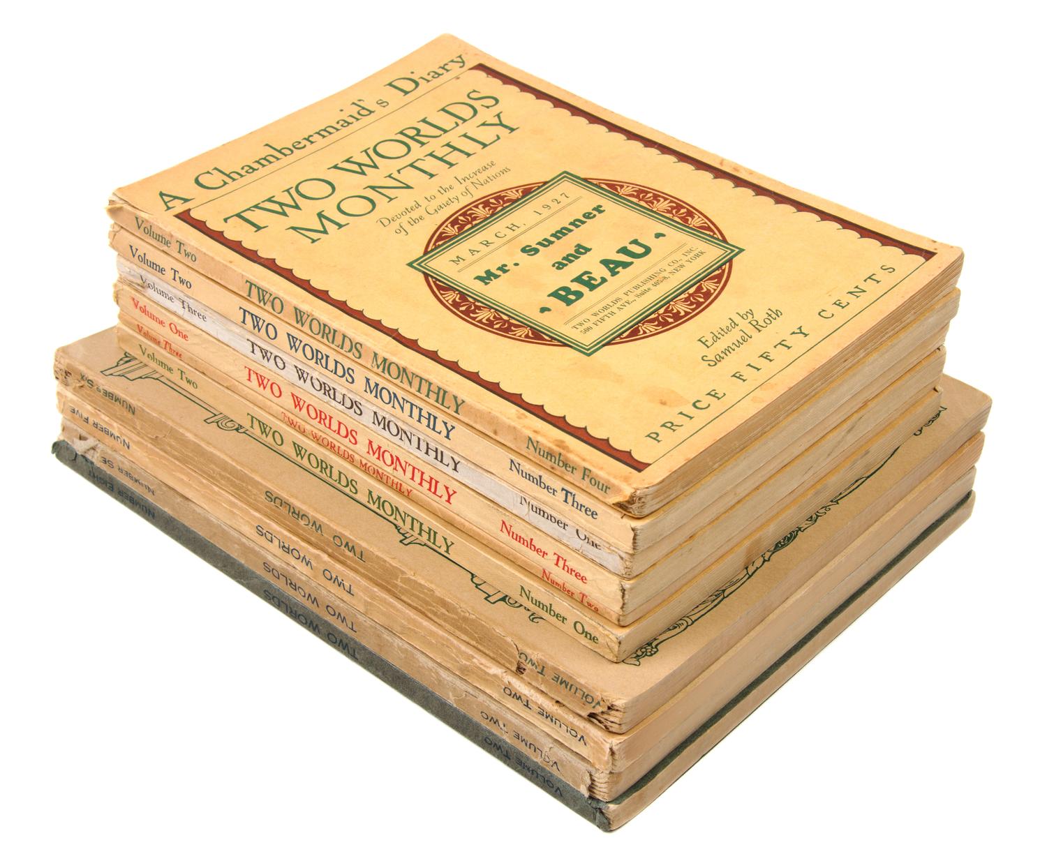 [LITERARY CRITICISM]. ROTH, Samuel (1893-1974). Two Worlds Monthly. [With:] Two Worlds: A Literary Quarterly. New York, 1926-1927.