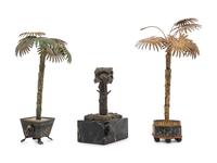 Two Cast Metal Models of Palm Trees and a Bronze Model of a Tree on a Marble Base