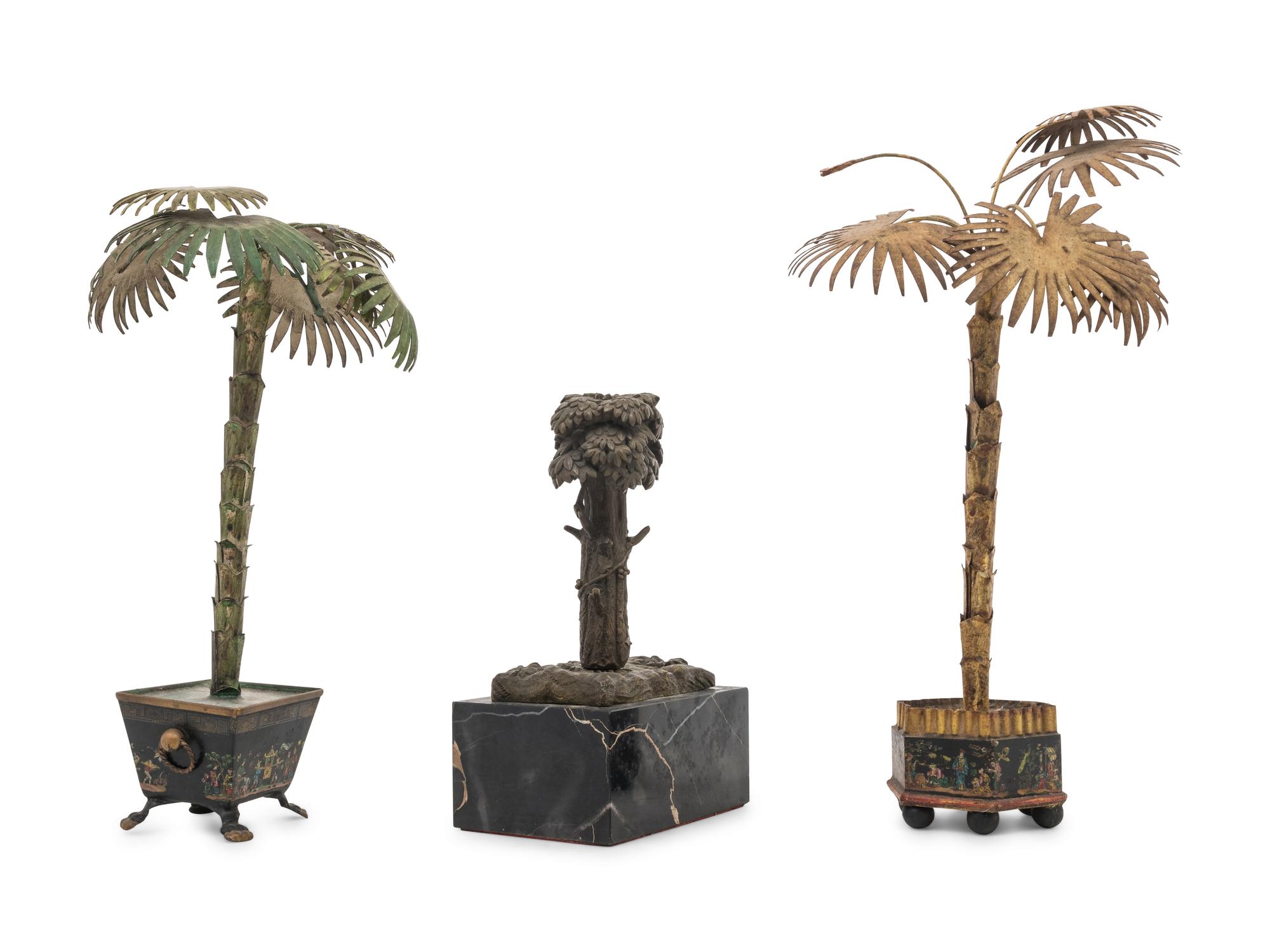 Two Cast Metal Models of Palm Trees and a Bronze Model of a Tree on a Marble Base