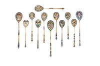 Twelve Russian Enameled Silver Teaspoons