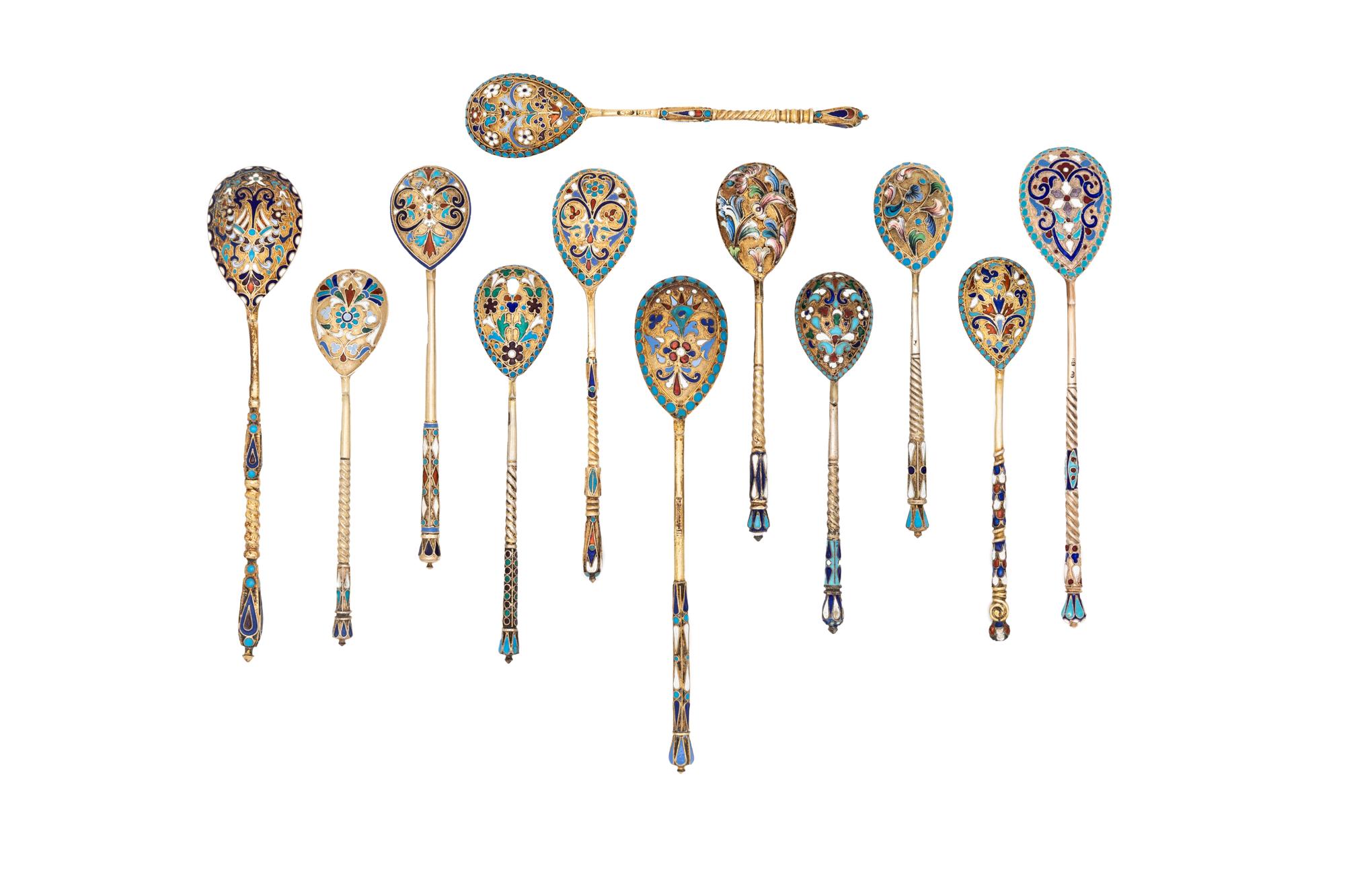 Twelve Russian Enameled Silver Teaspoons