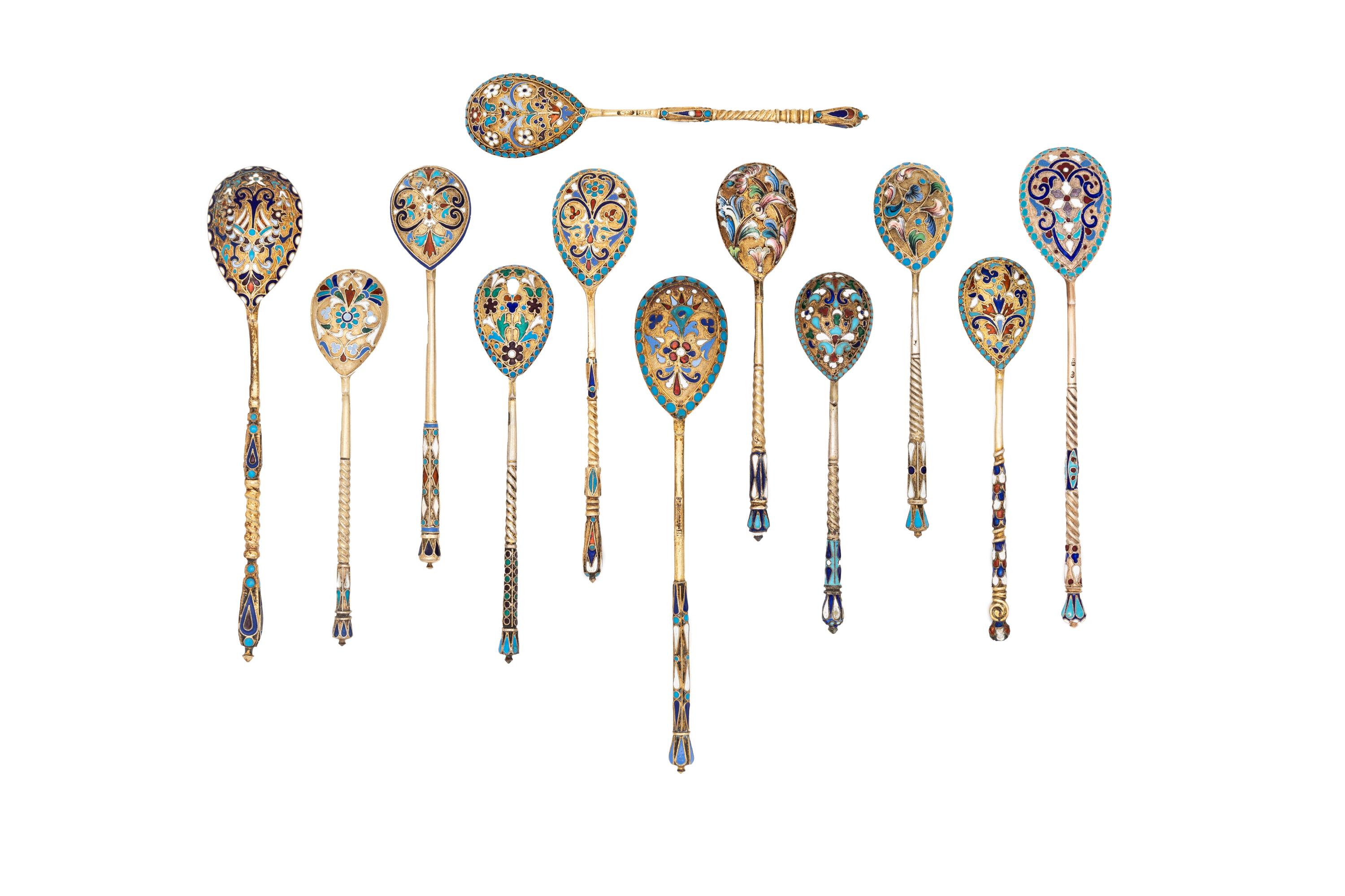 Twelve Russian Enameled Silver Teaspoons