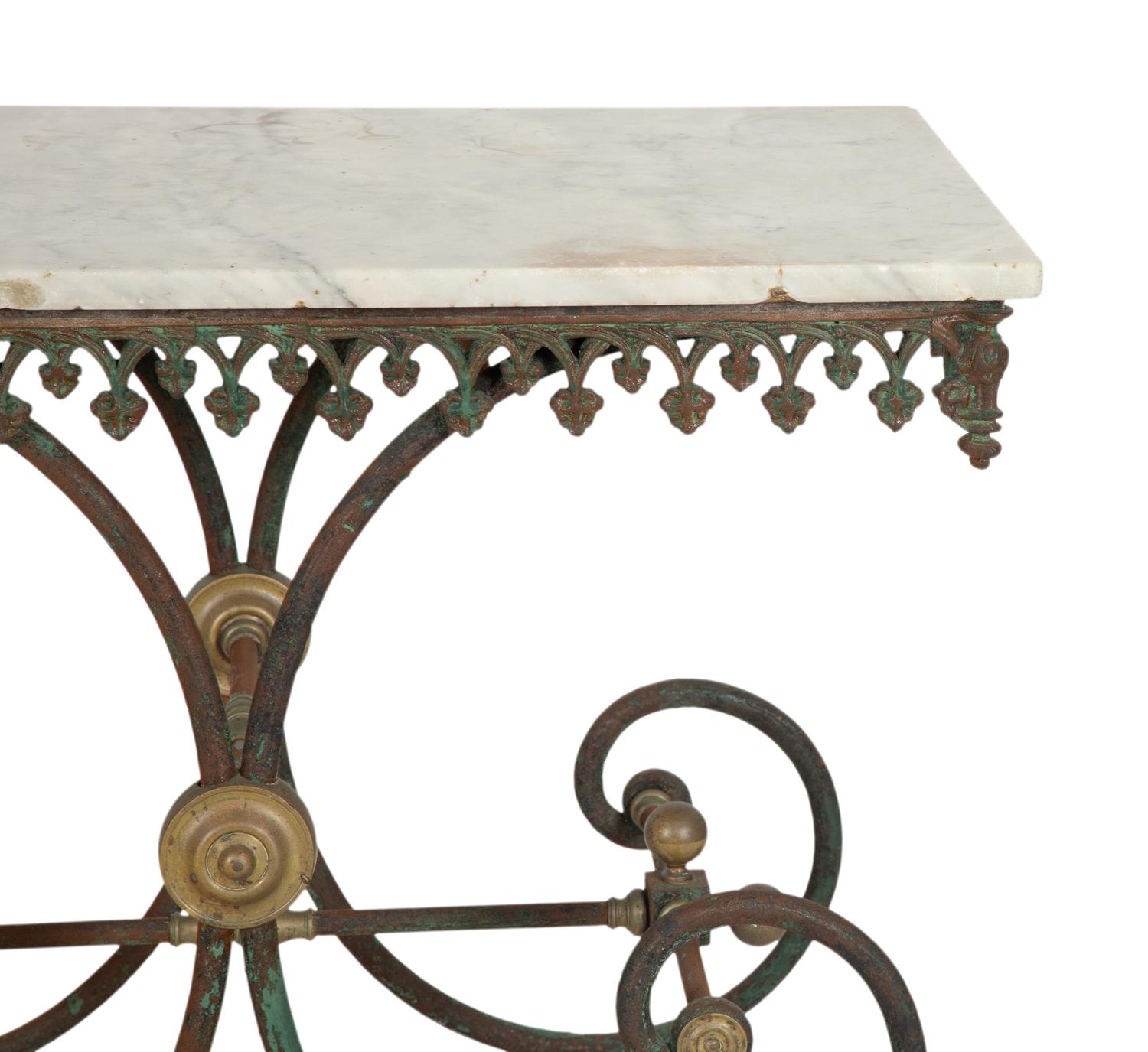 A French Patinated Iron and Marble Pastry Table