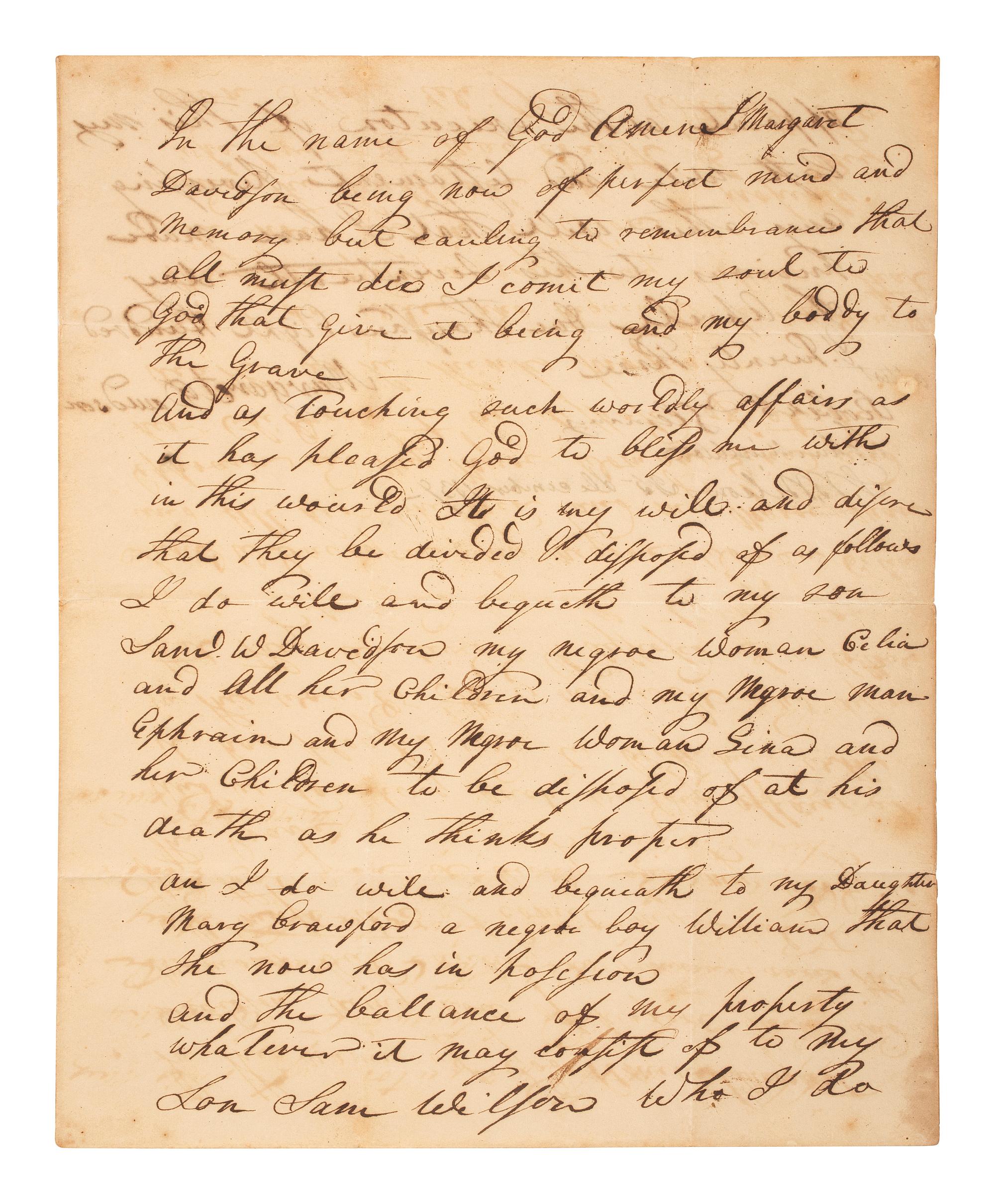 [ENSLAVEMENT & ABOLITION]. Manuscript will of Margaret Davidson bequeathing 4 identified enslaved peoples to her children. N.p., possibly Alabama or Tennessee, 25 December 1839.