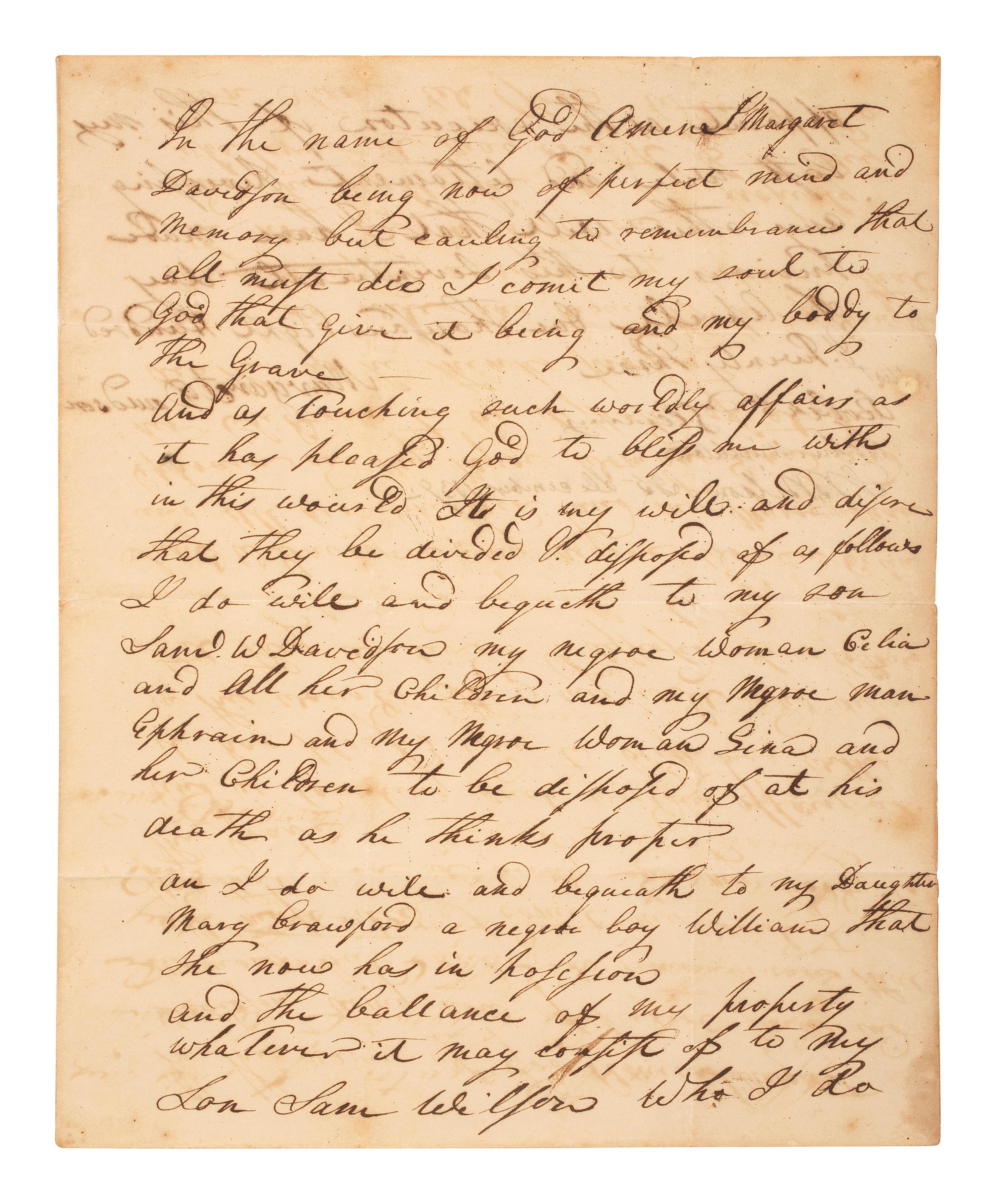 [ENSLAVEMENT & ABOLITION]. Manuscript will of Margaret Davidson bequeathing 4 identified enslaved peoples to her children. N.p., possibly Alabama or Tennessee, 25 December 1839.