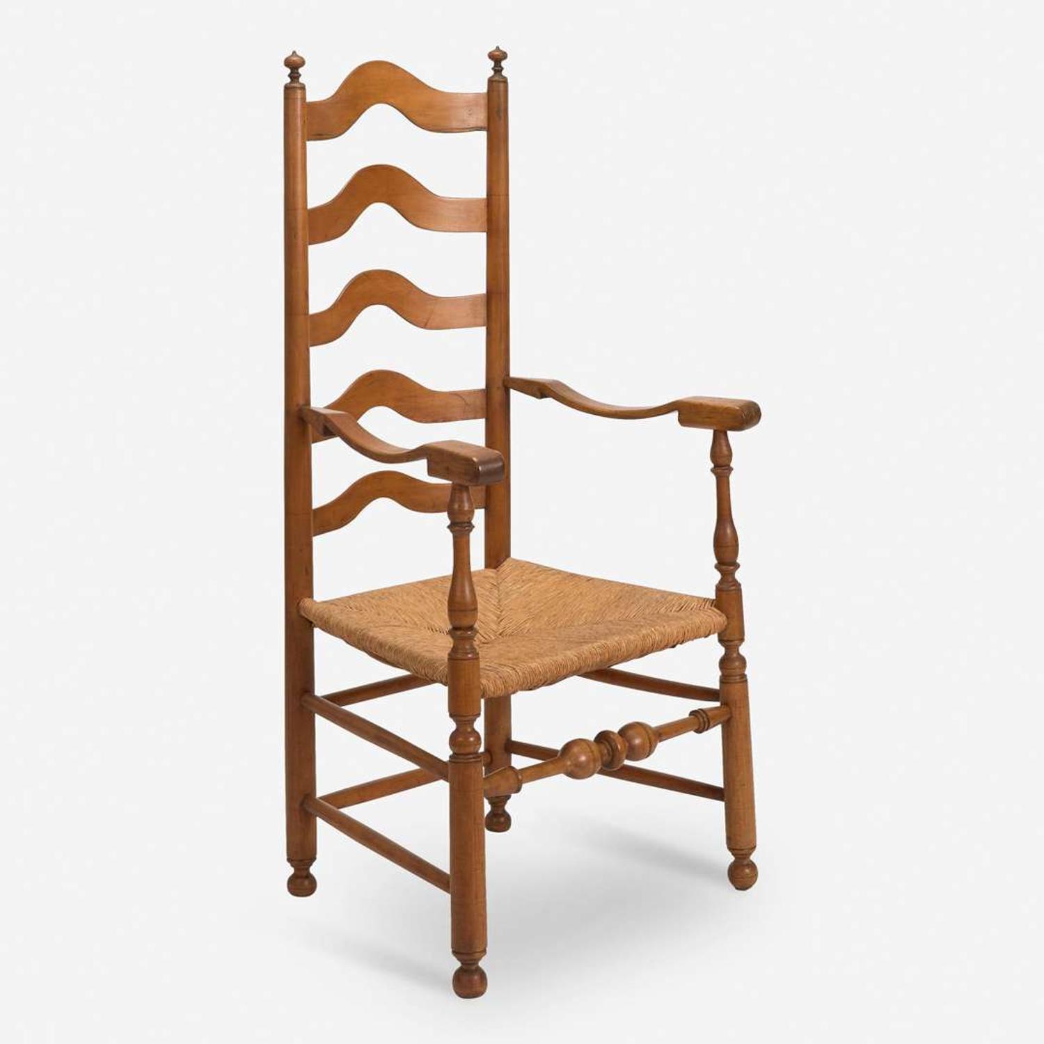 Two carved and turned maple and/or ash ladderback armchairs Wallingford, CT, and Delaware Valley, PA, early - late 18th century