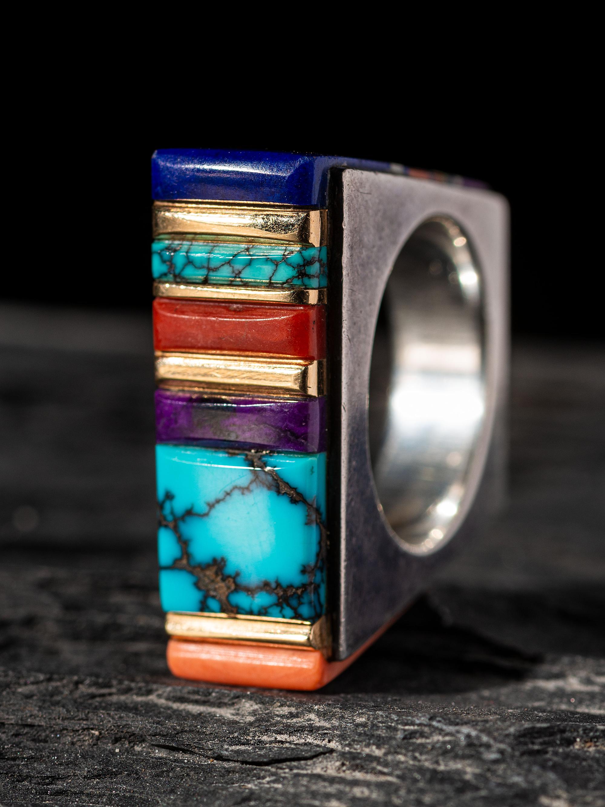 Silver Ring, set with Turquoise, Coral, Lapis, Sugilite, Opal, and 14K Gold Spacers