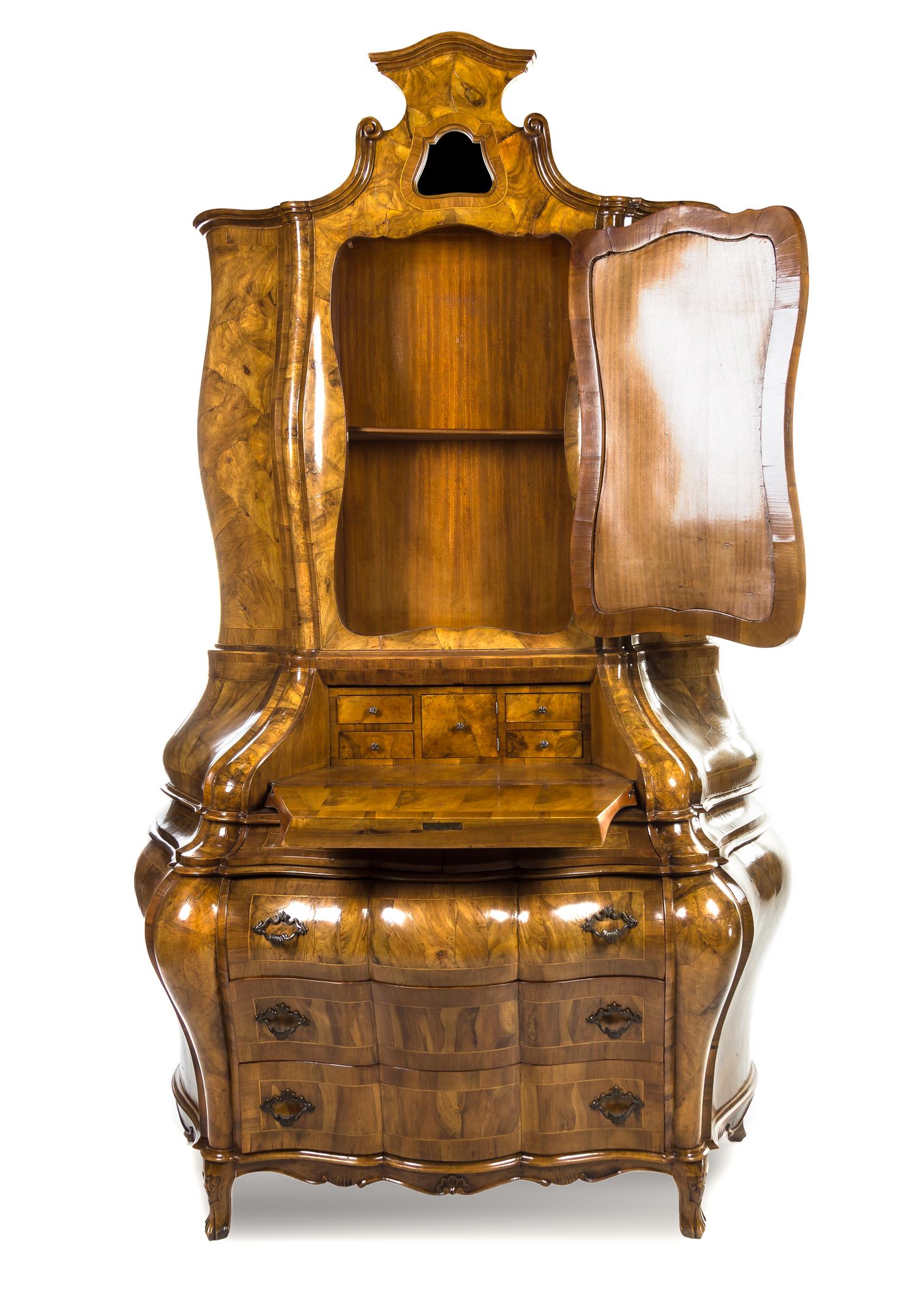 A German Burlwood Secretary LATE 19TH CENTURY Height 97 x width 62 x depth 27 inches. — LATE 19TH CENTURY
