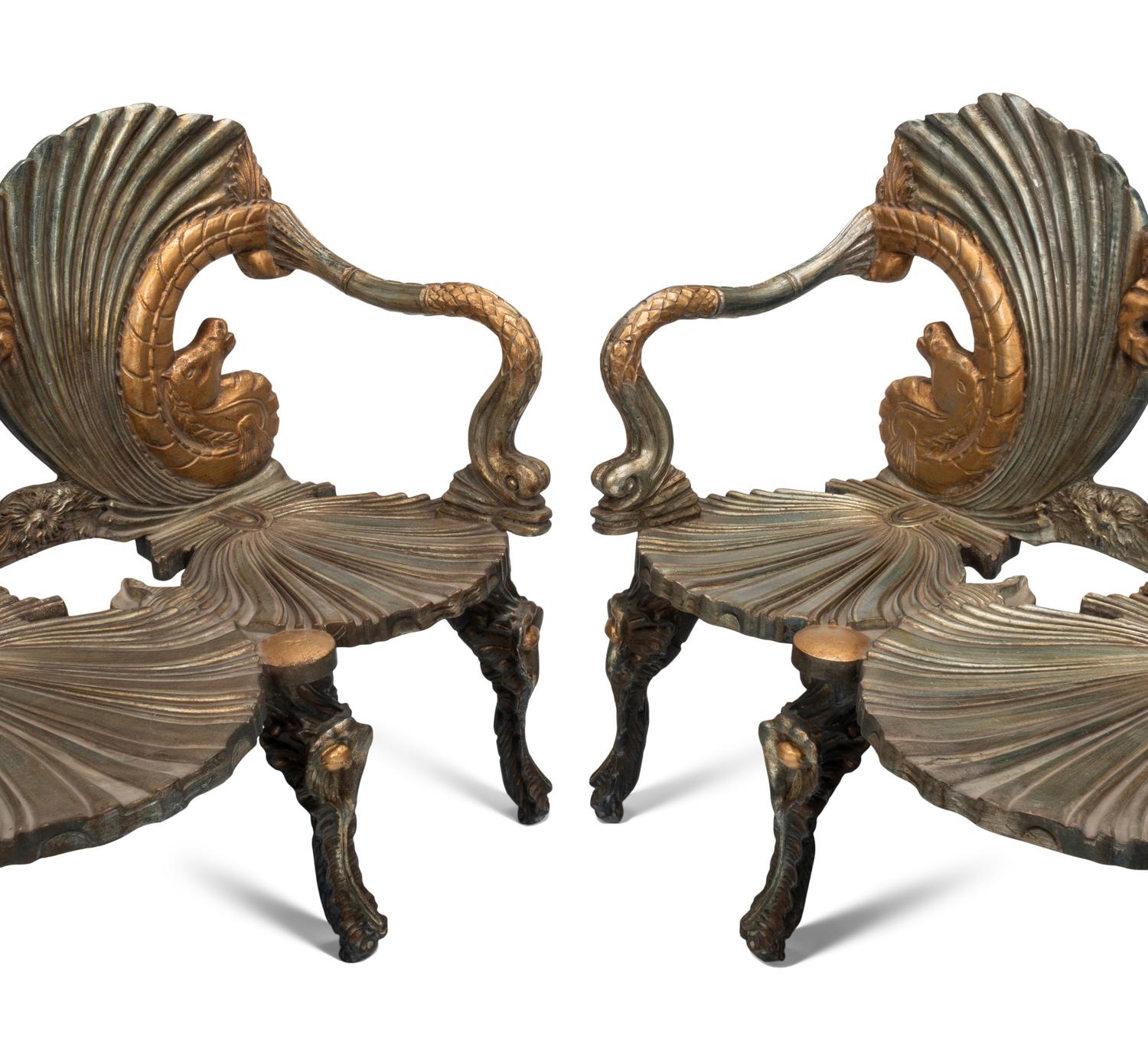 A Pair of Continental Gilt and Silvered Wood “Grotto” Settees
