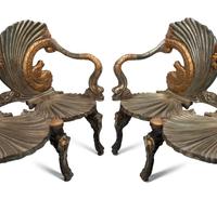 A Pair of Continental Gilt and Silvered Wood “Grotto” Settees