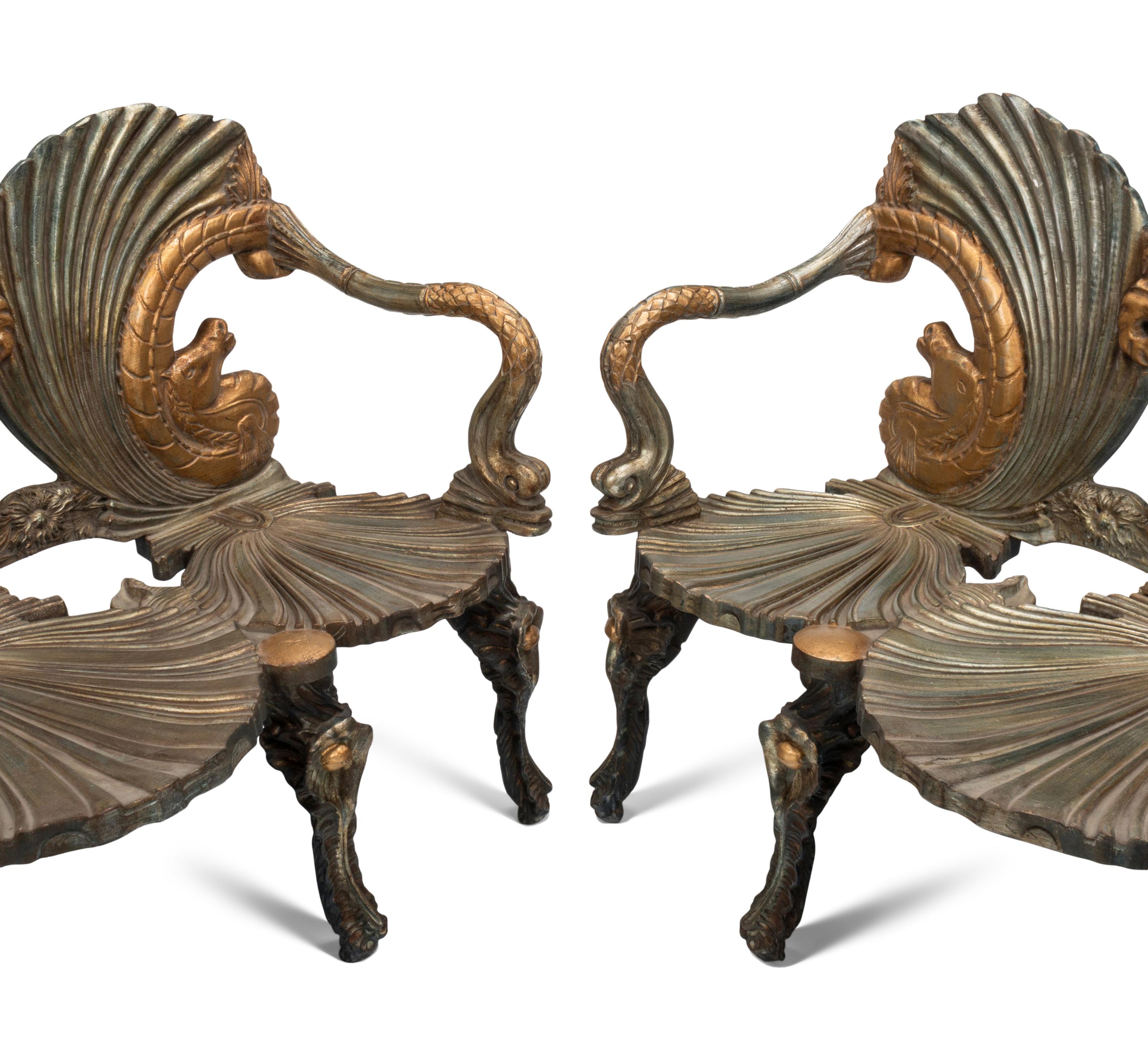 A Pair of Continental Gilt and Silvered Wood “Grotto” Settees