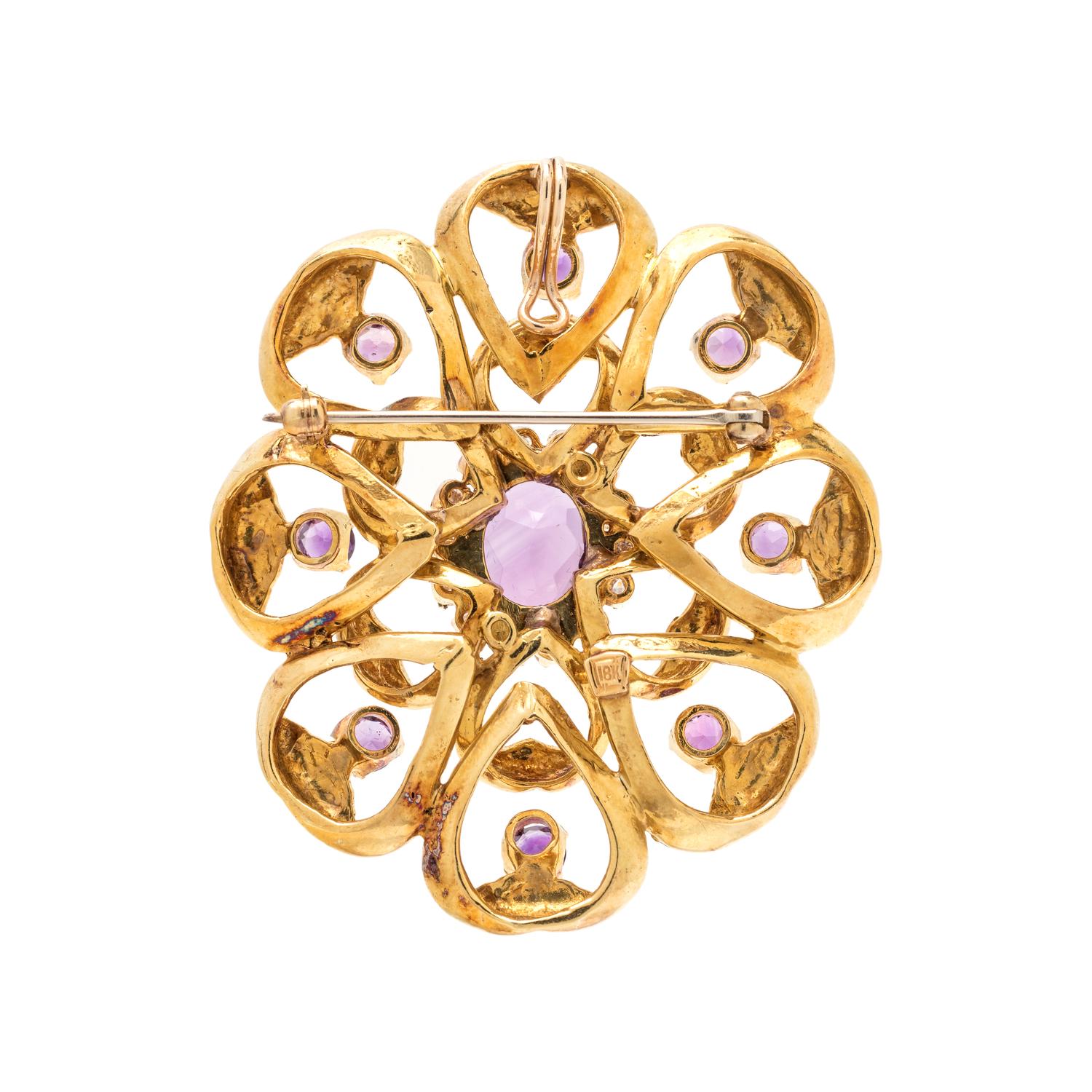 YELLOW GOLD, AMETHYST, AND DIAMOND PENDANT/BROOCH