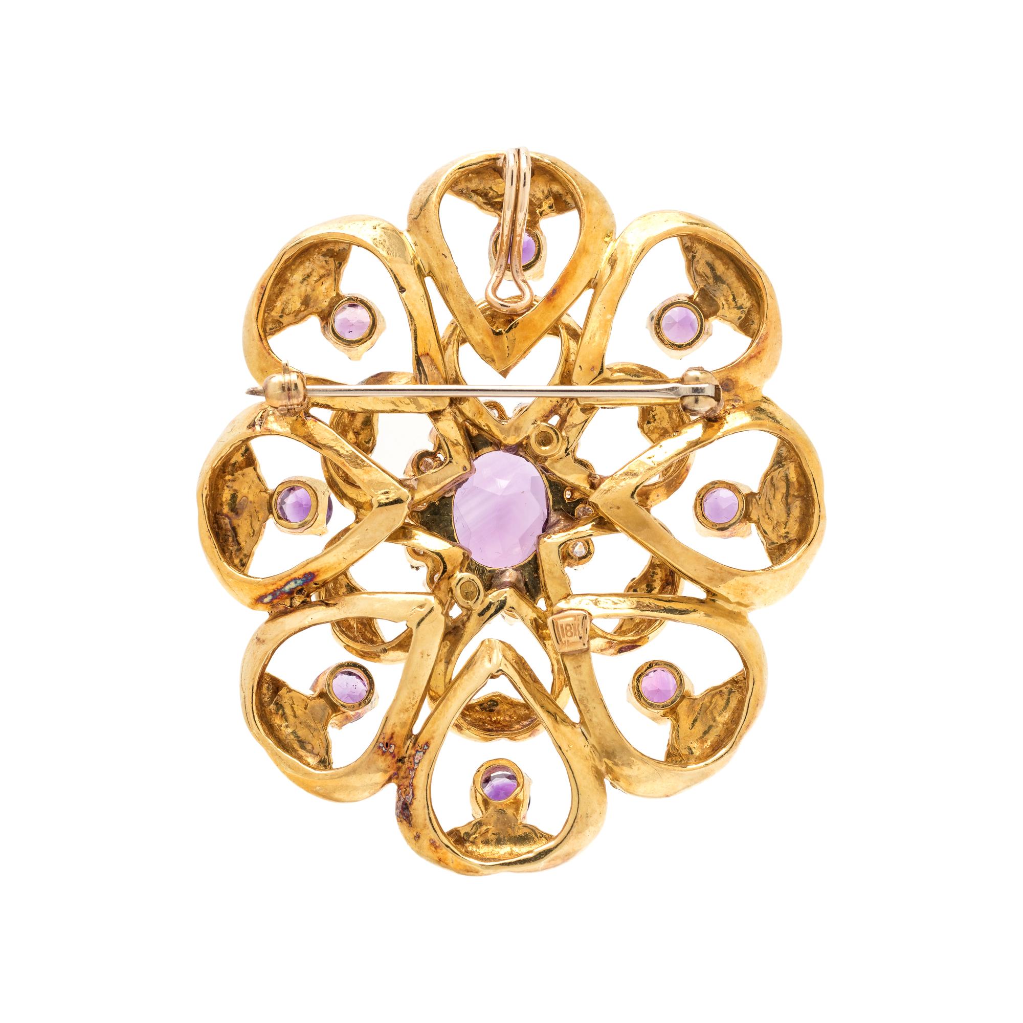 YELLOW GOLD, AMETHYST, AND DIAMOND PENDANT/BROOCH