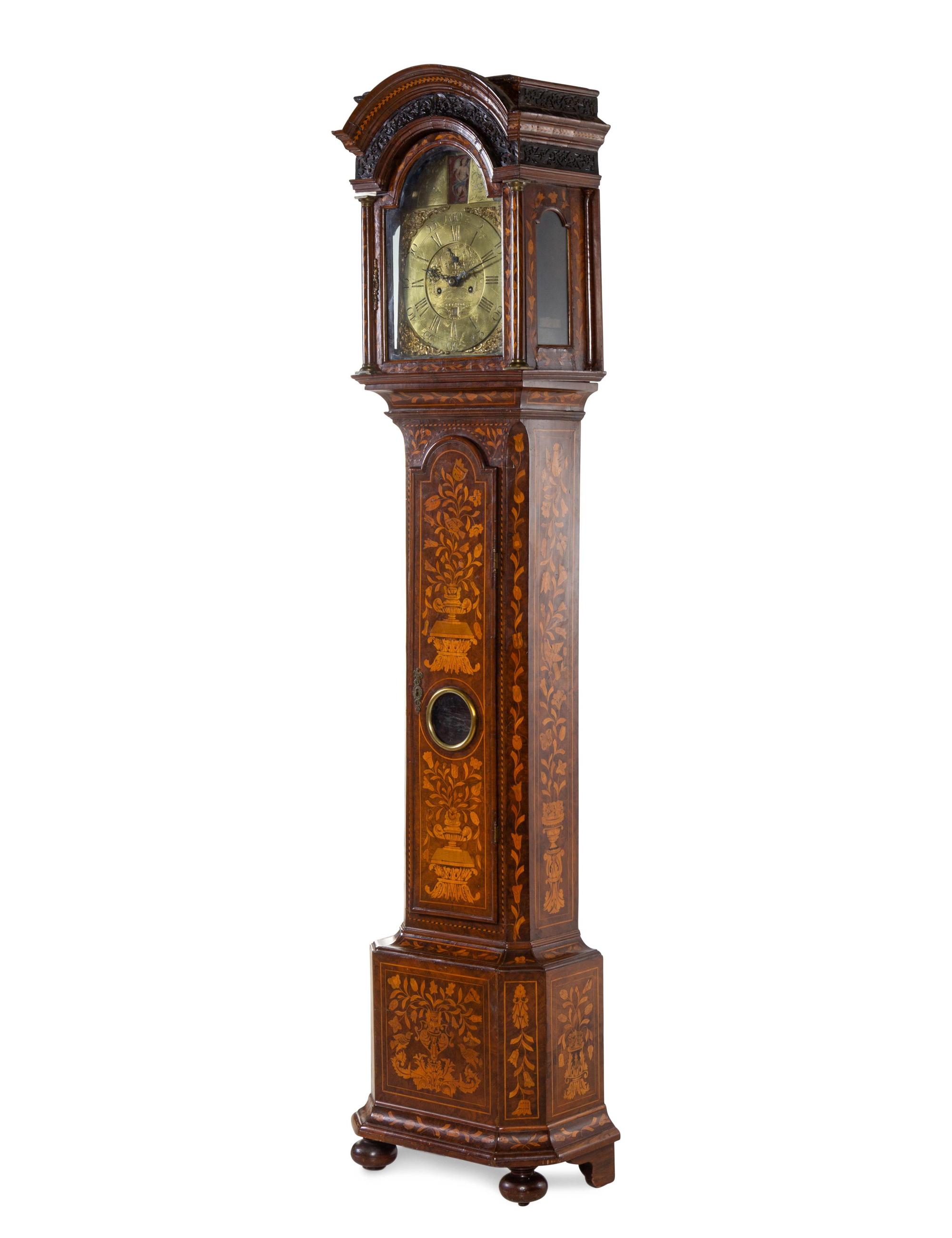 A Dutch Marquetry Decorated Tall Case Clock