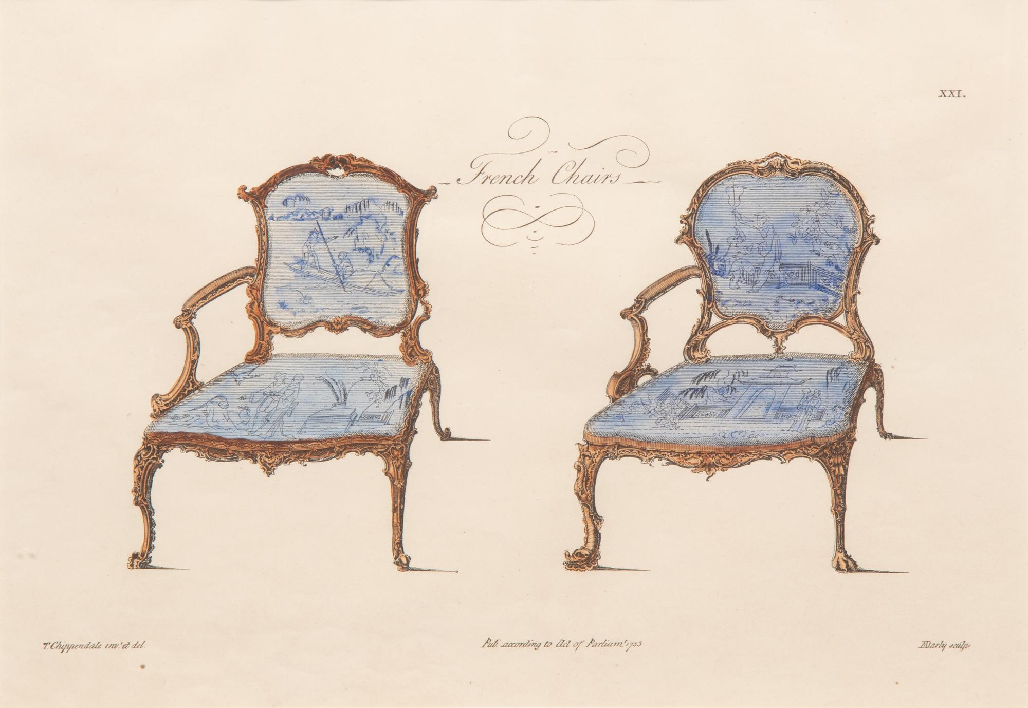 A Set of Eleven Giltwood-Framed French Colored Furniture Engravings