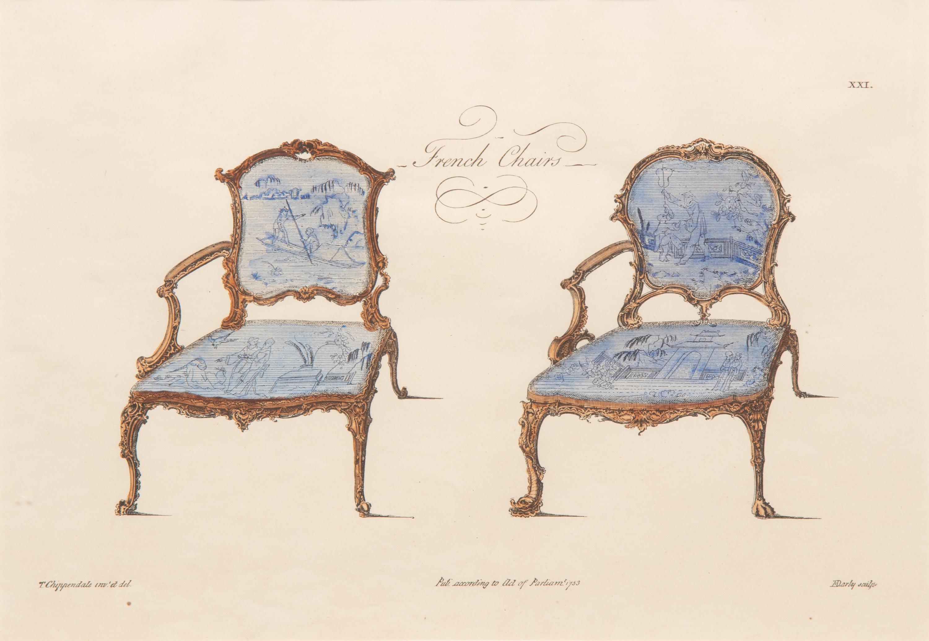 A Set of Eleven Giltwood-Framed French Colored Furniture Engravings