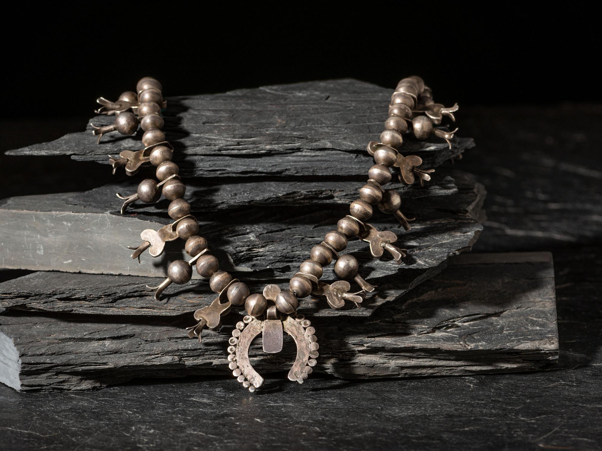 Navajo Child's Silver and Turquoise Cluster Squash Blossom Necklace